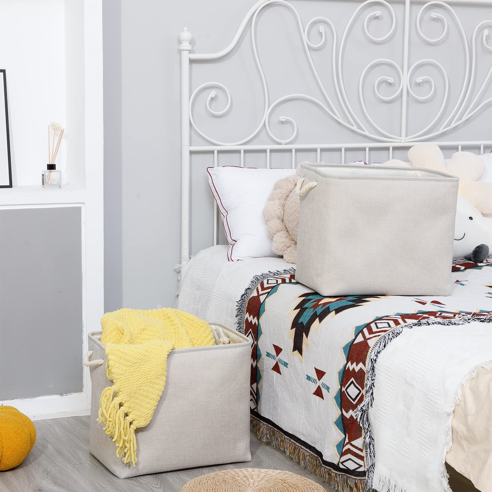 Bidtakay Fabric Beige Baskets Extra Large Organization Baskets For Clothes Set Of 2 Collapsible Storage Bins For Shelves Cabinet