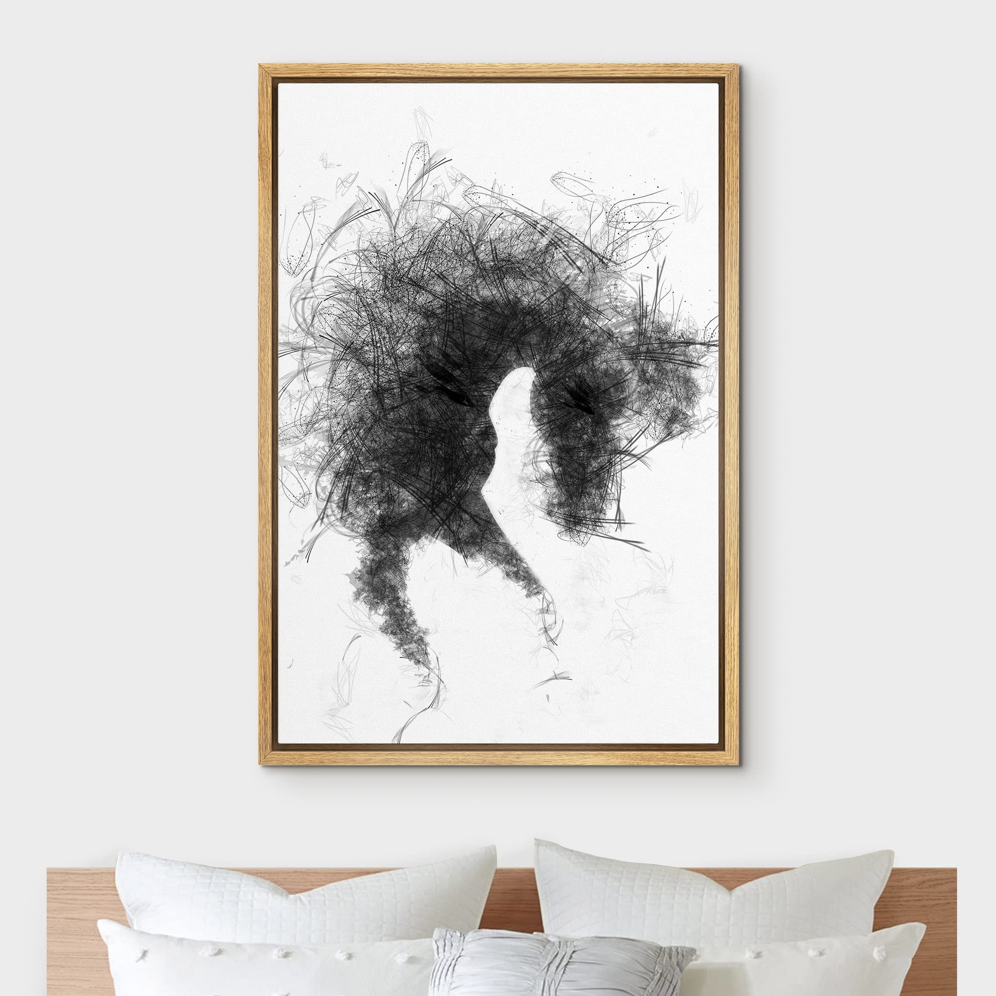 Idea4Wall Framed Canvas Print Wall Art Black Smoke & Scribble Effect Horse Portrait Animals Wildlife Illustrations Modern Art Ch