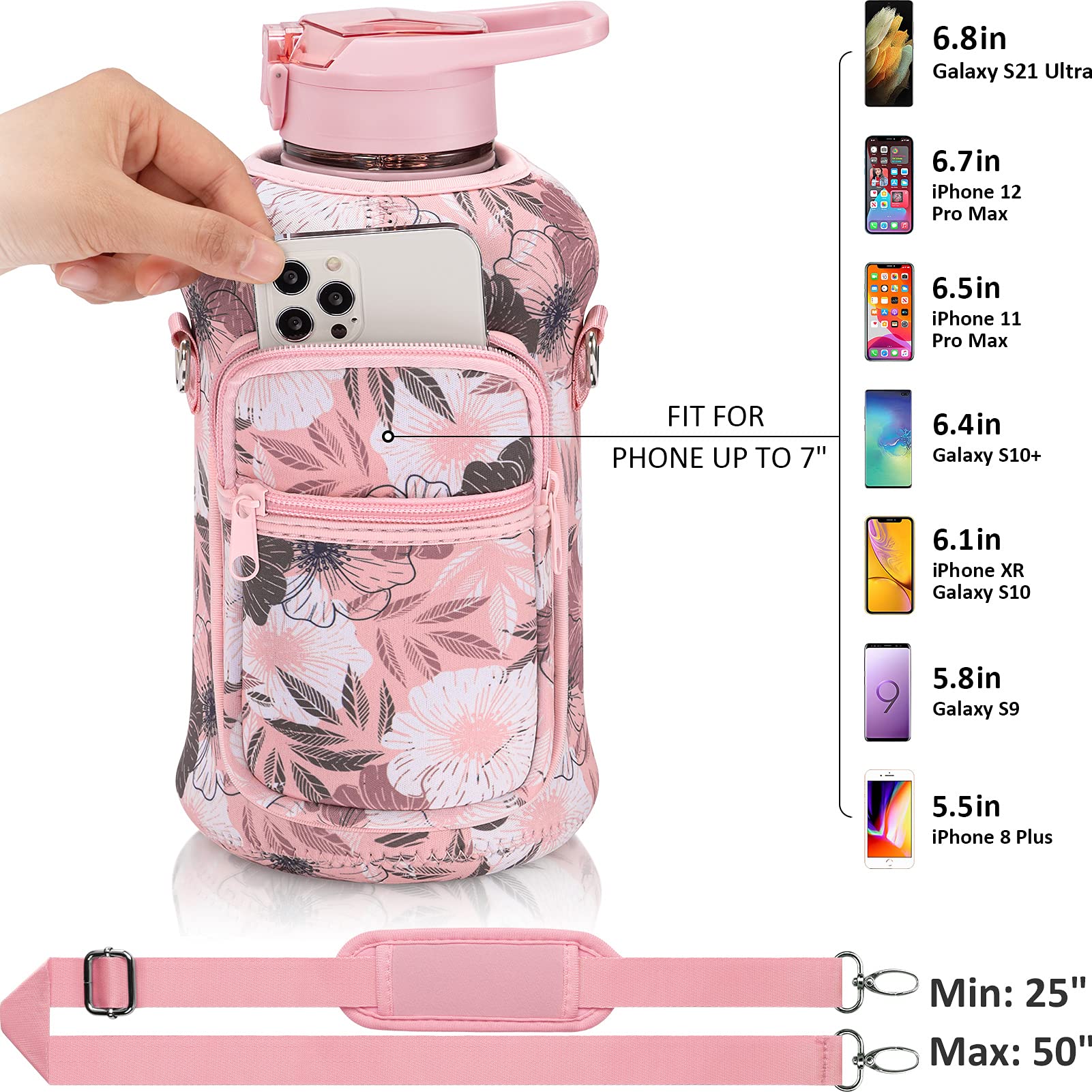 Fimibuke Half Gallon Water Bottle With Sleeve 64 Oz Water Bottle With Handle & Straw Leakproof Motivational Sports Gym Water Bot
