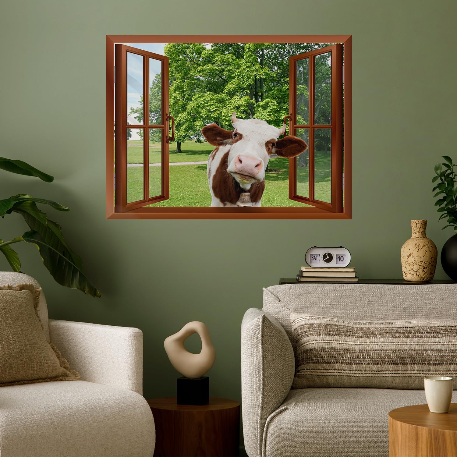 wall26 Removable Wall Sticker - Cow Head in Window, Vinyl, 24"x32", Artwork - 17, Model WMR3-ANIMAL-1808-TEAM-A16-24x