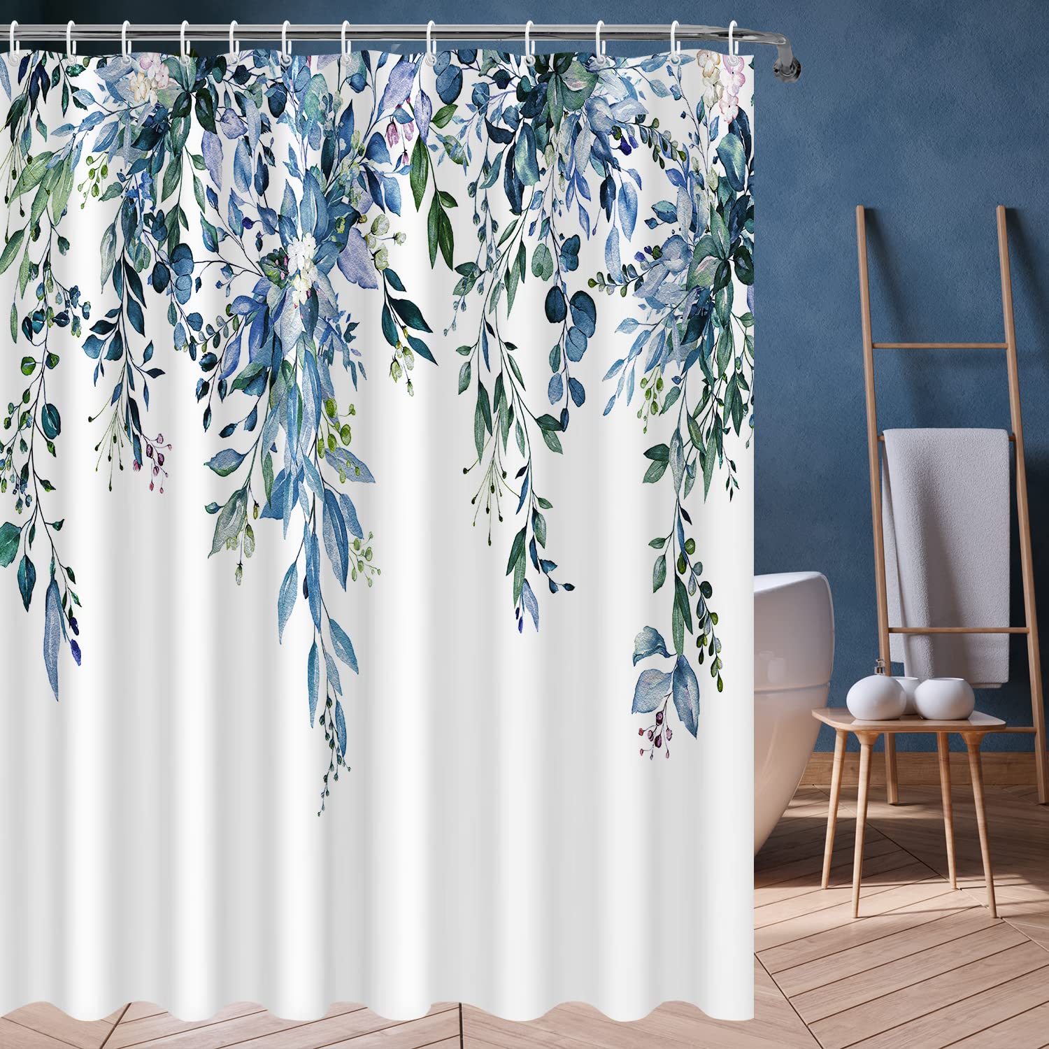 Nuseiis Blue Eucalyptus Shower Curtain Sets, Watercolor Plant Leaves Bathroom Shower Curtain, Waterproof Fabric Shower Curtain,