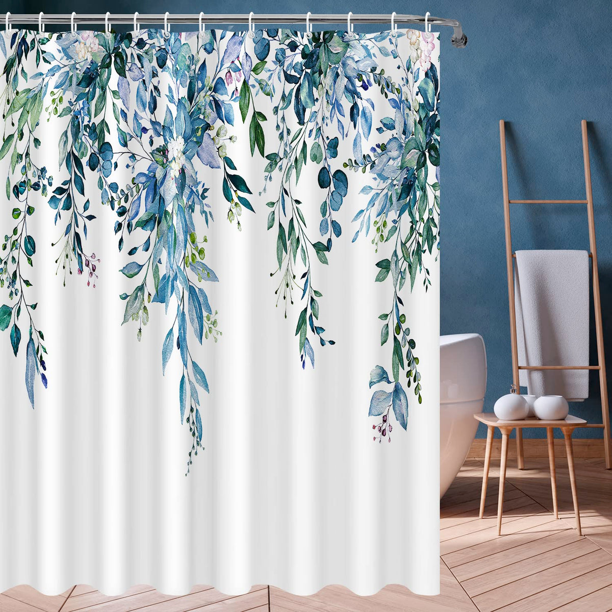 Nuseiis Blue Eucalyptus Shower Curtain Sets, Watercolor Plant Leaves Bathroom Shower Curtain, Waterproof Fabric Shower Curtain,