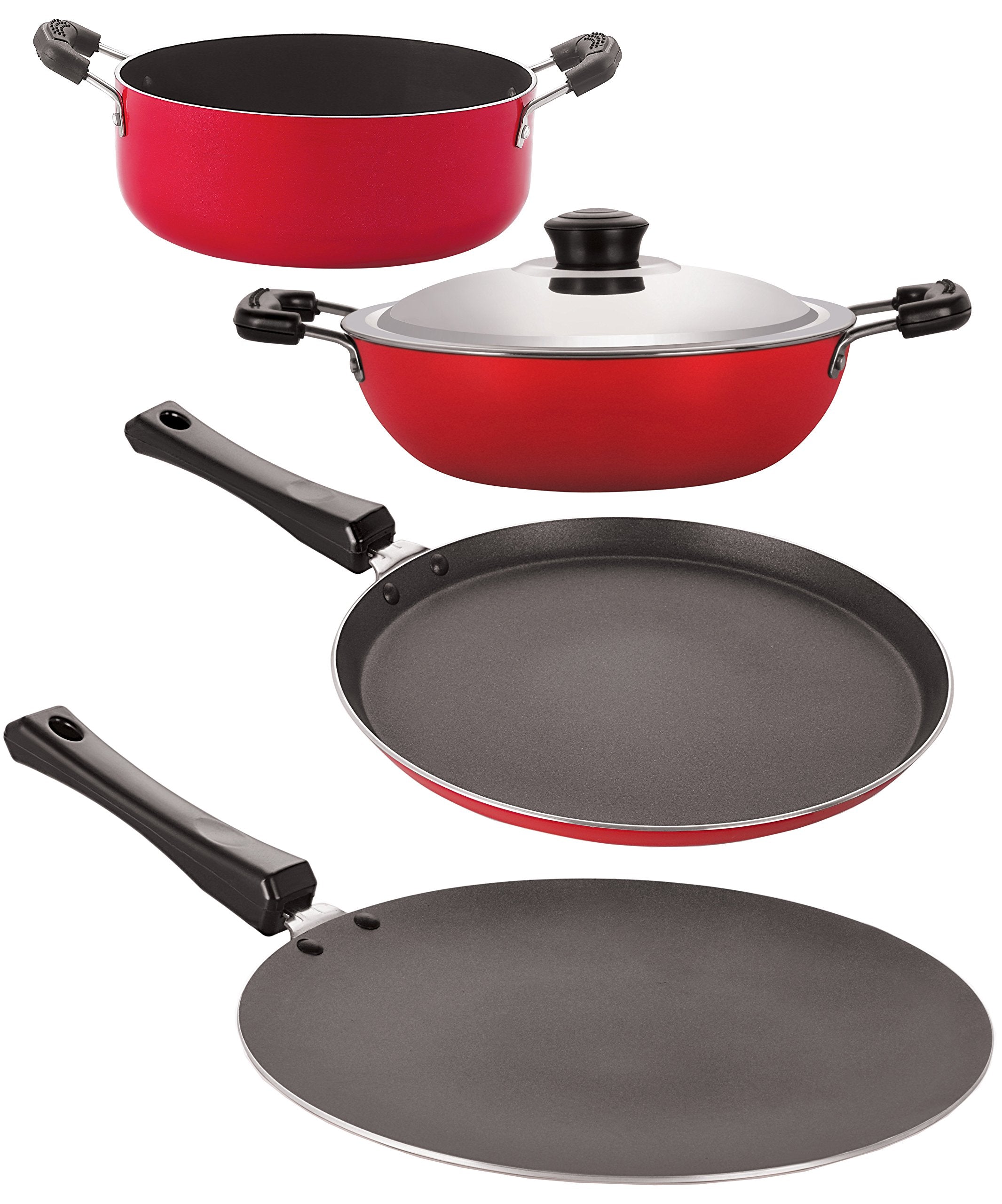 Nirlon NonStick Aluminum Cookware Set, 4Piece, Red And Black (26_Ct_Dkdm_Ft11_Cass20)