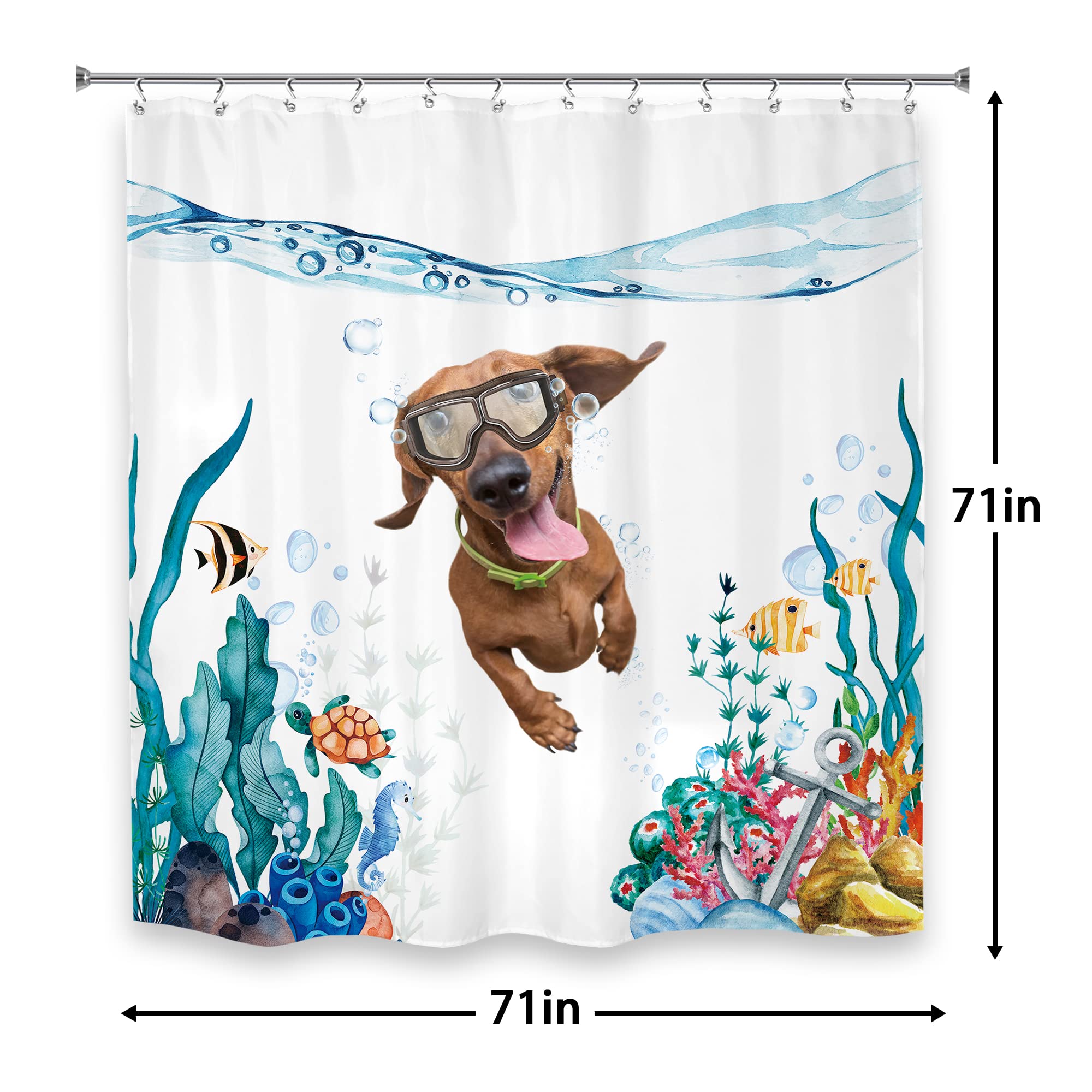 Lghtyro Kids Funny Dog Dachshund Shower Curtain Bathroom Set 71Wx71H Inches Sea Ocean Nautical Cute Animal Fish Turtle Anchor Co