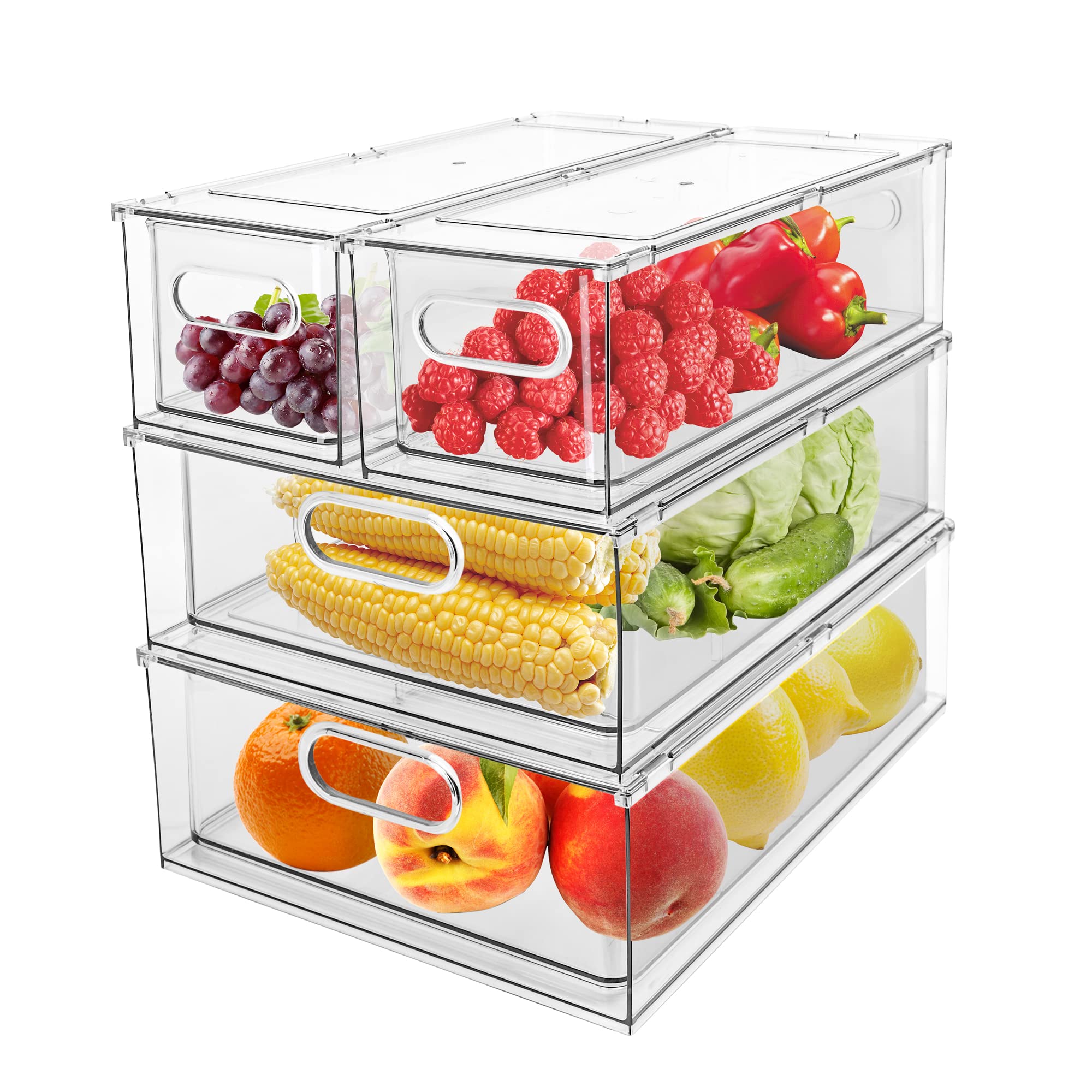 Greenby 4 Pack Refrigerator Organizer Bins with Pull-out Drawer Stackable Clear Fridge Drawer Organizer Fruit Vegetable Storage 