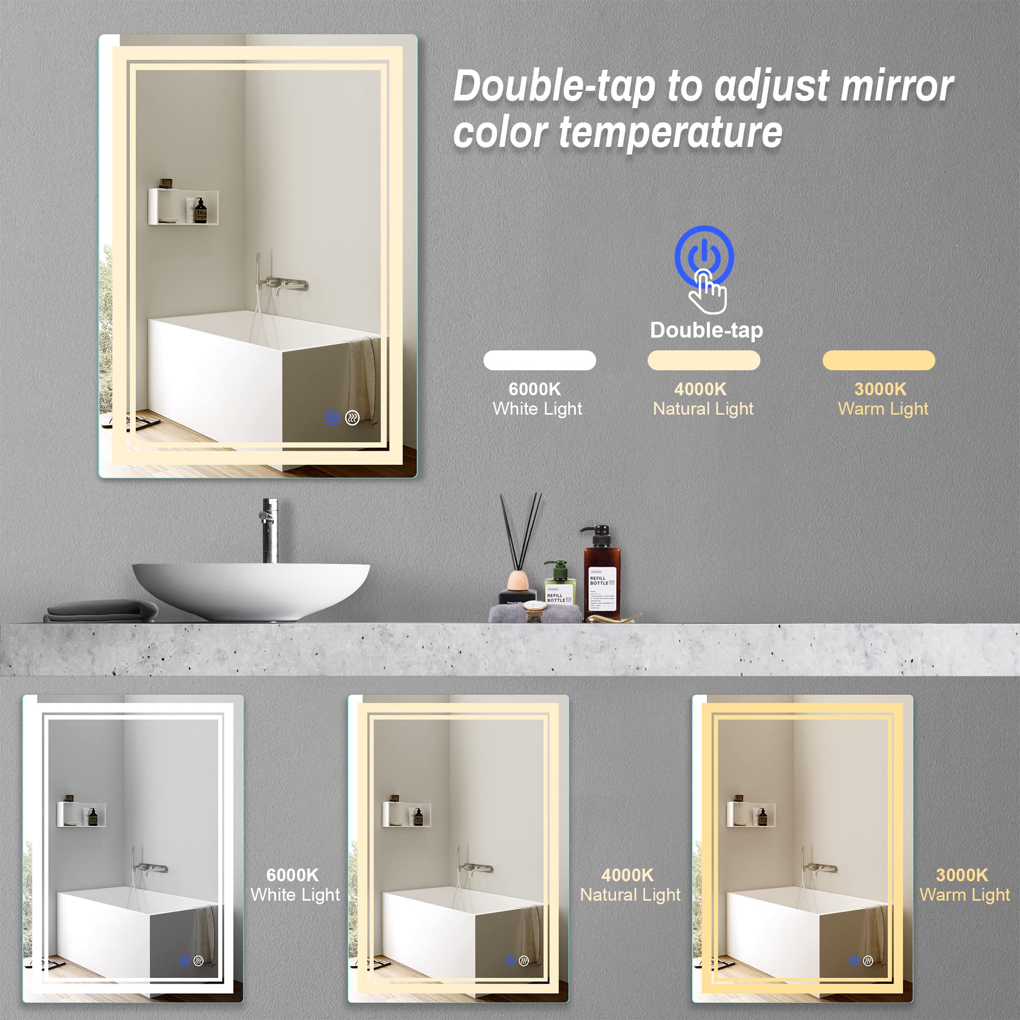 Fitland 28''X 20'' Led Bathroom Mirror Vanity Mirror, Anti-Fog, Dimmable, Color Temperature Adjustable 3000-6000K, Switch-Held M