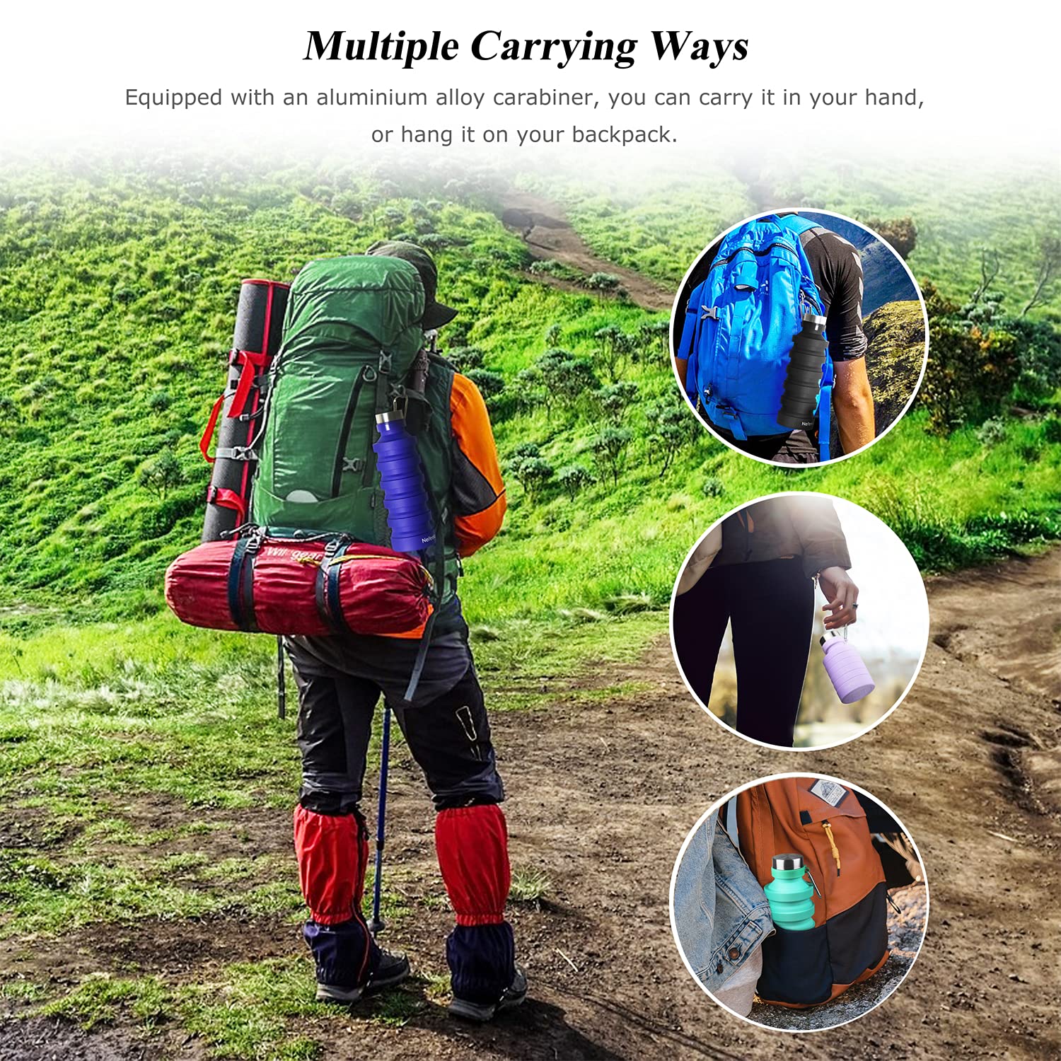 Nefeeko Collapsible Foldable Water Bottle, Reuseable Bpa Free Silicone Portable Leak Proof Sports Water Bottle With Carabiner Fo