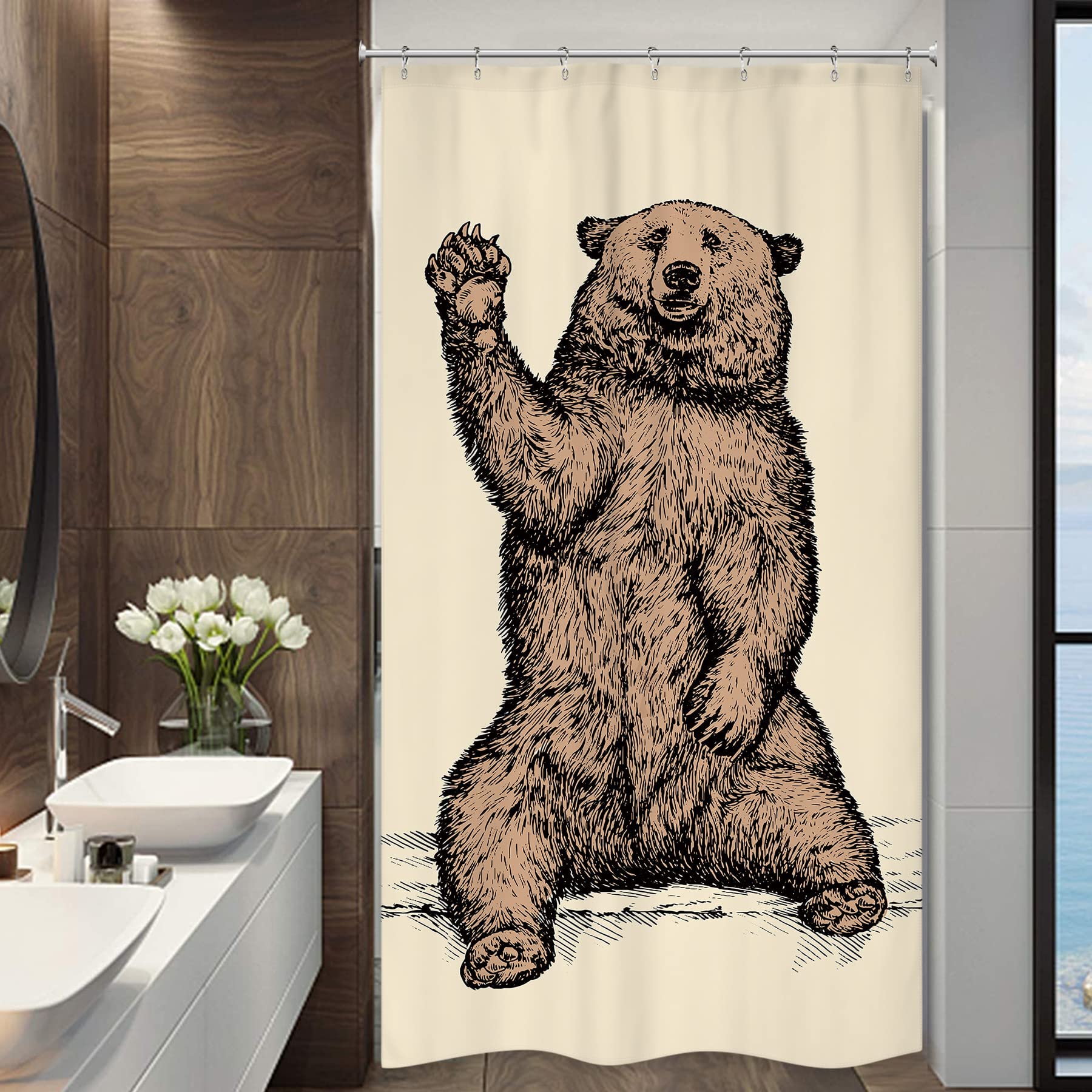 Riyidecor Funny Stall Small Bear Rv Shower Curtain 36Wx72H Inch Animal Narrow Half Single Walkin Standing Kids Brown Say Hello K