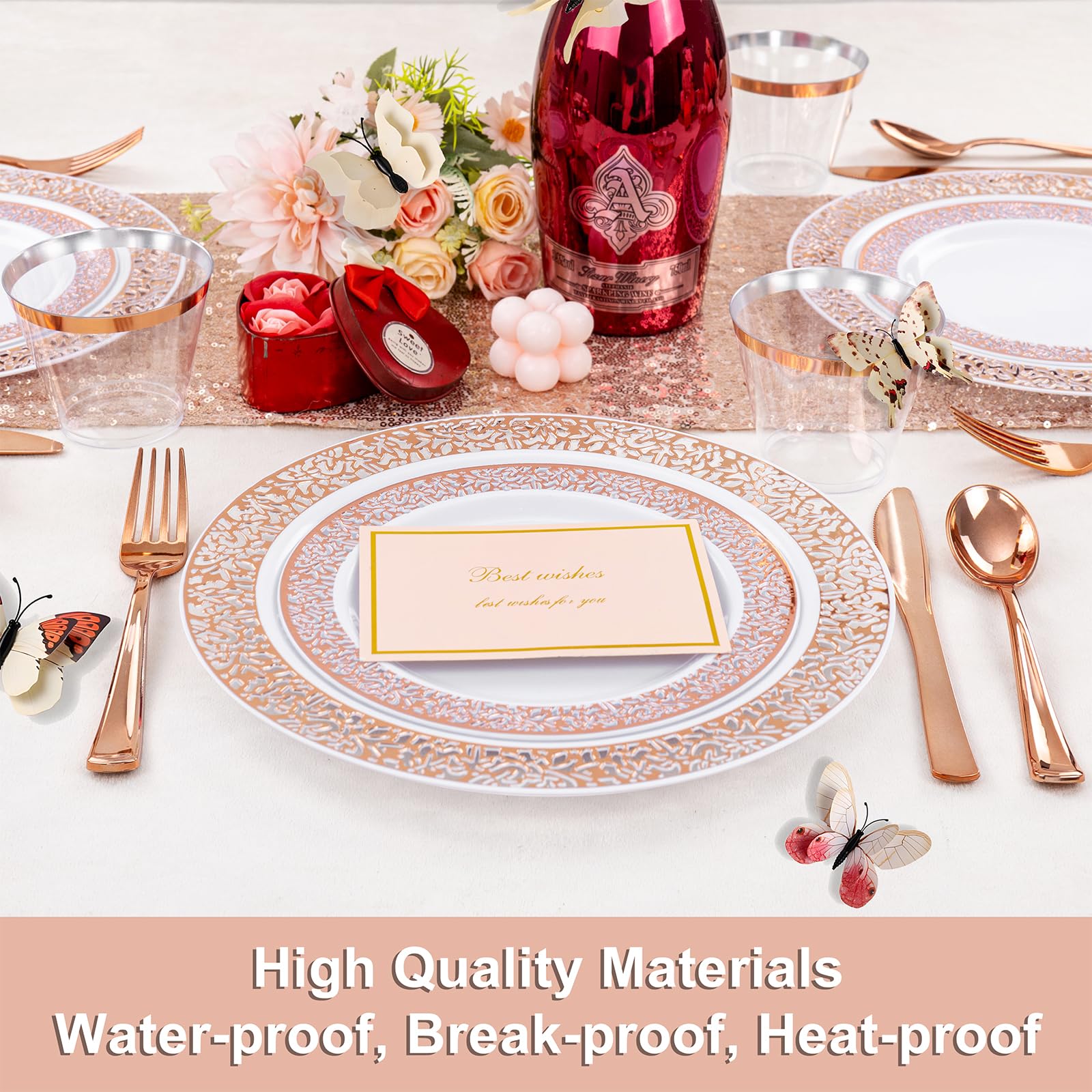 Wellife 350 Pieces Valentines Rose Gold Plastic Dinnerware, Disposable Rose Gold Lace Plates, Include:50 Dinner Plates, 50 Desse