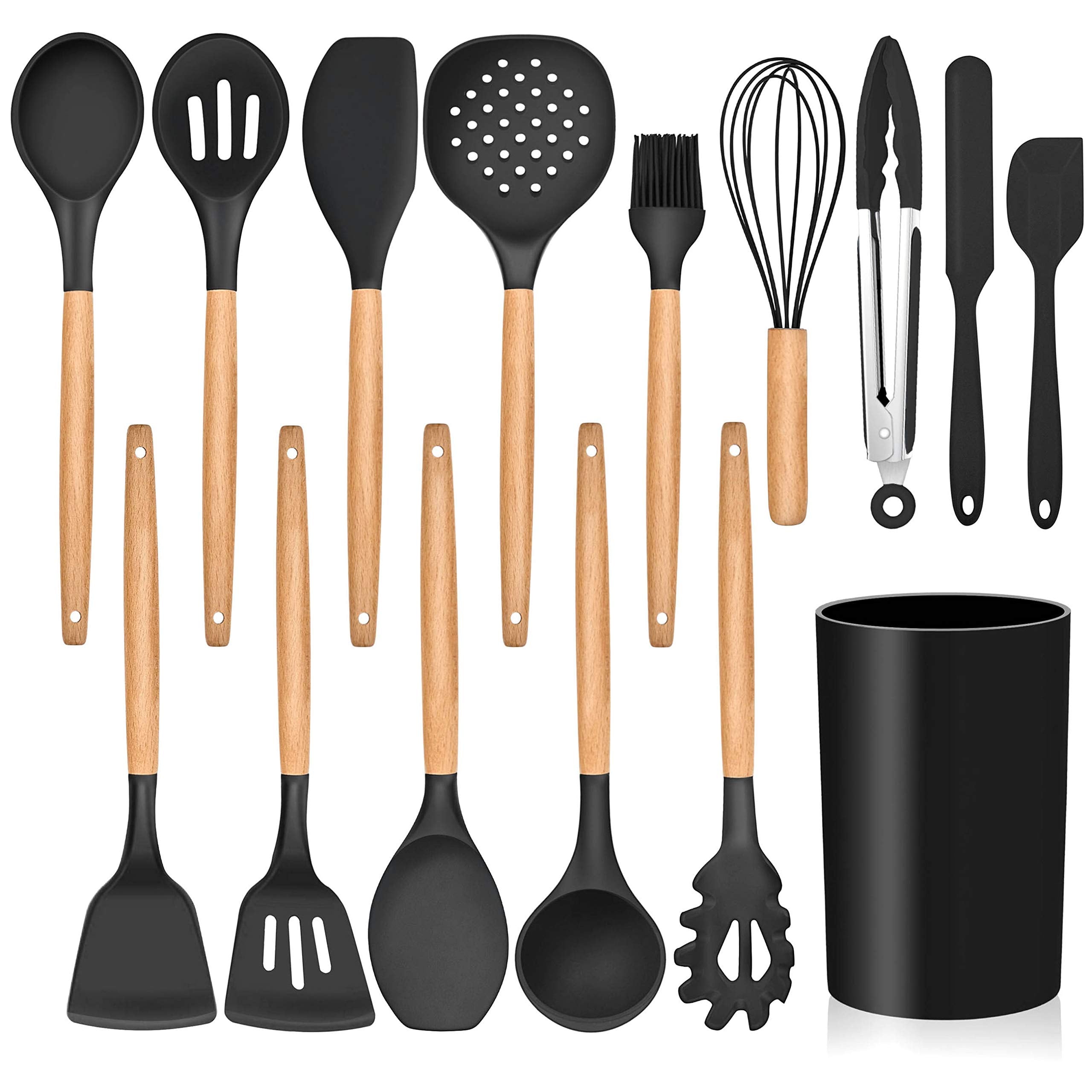 Lianyu 13-Piece Silicone Kitchen Cooking Utensils Set With Holder, Wooden Handle Utensils For Cooking, Kitchen Tools Include Spa