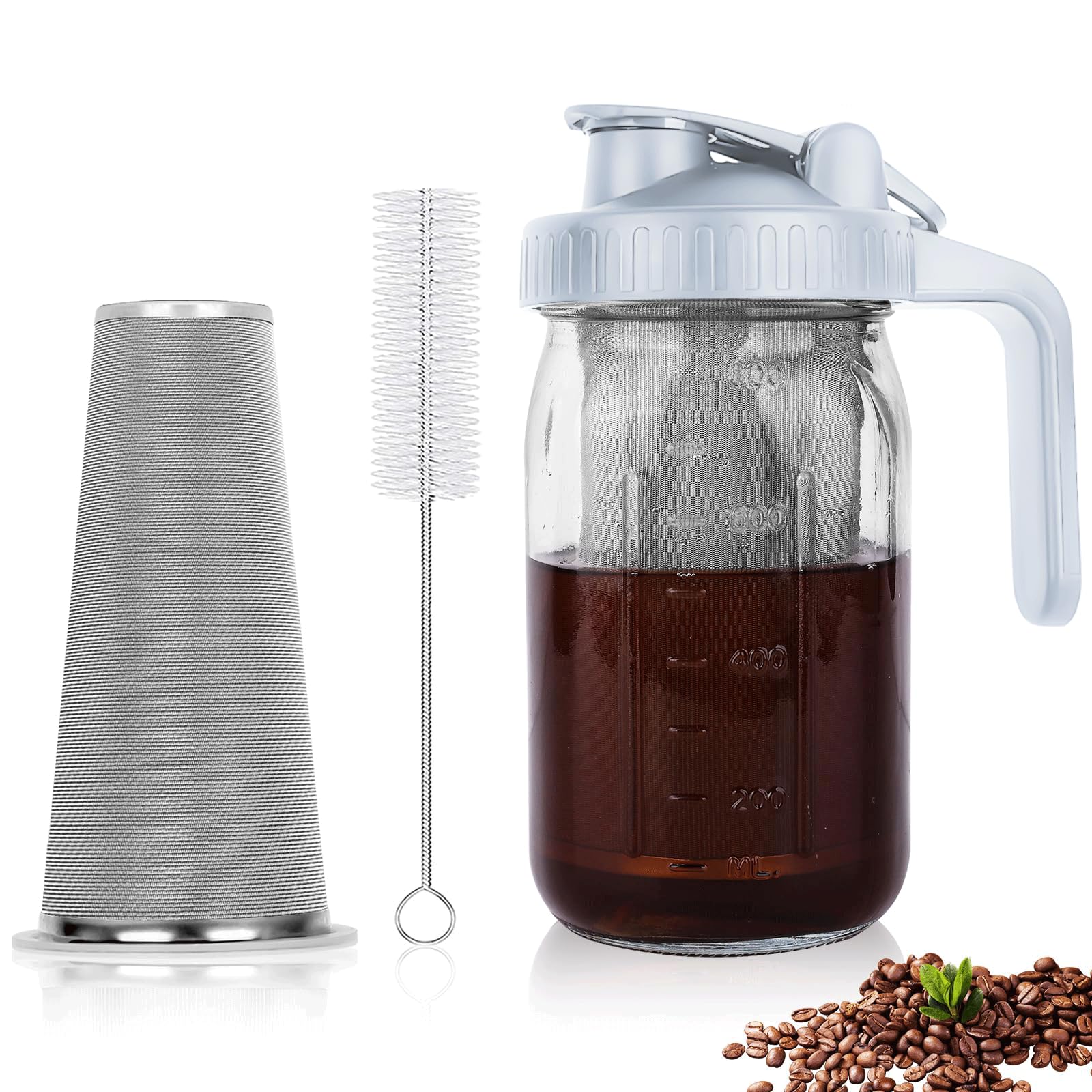 Qhh Cold Brew Coffee Maker,32 Oz Mason Jar Pitcher With Stainless Steel Filter, Pour Spout Handle Lid, Heavy Duty Glass Airtight