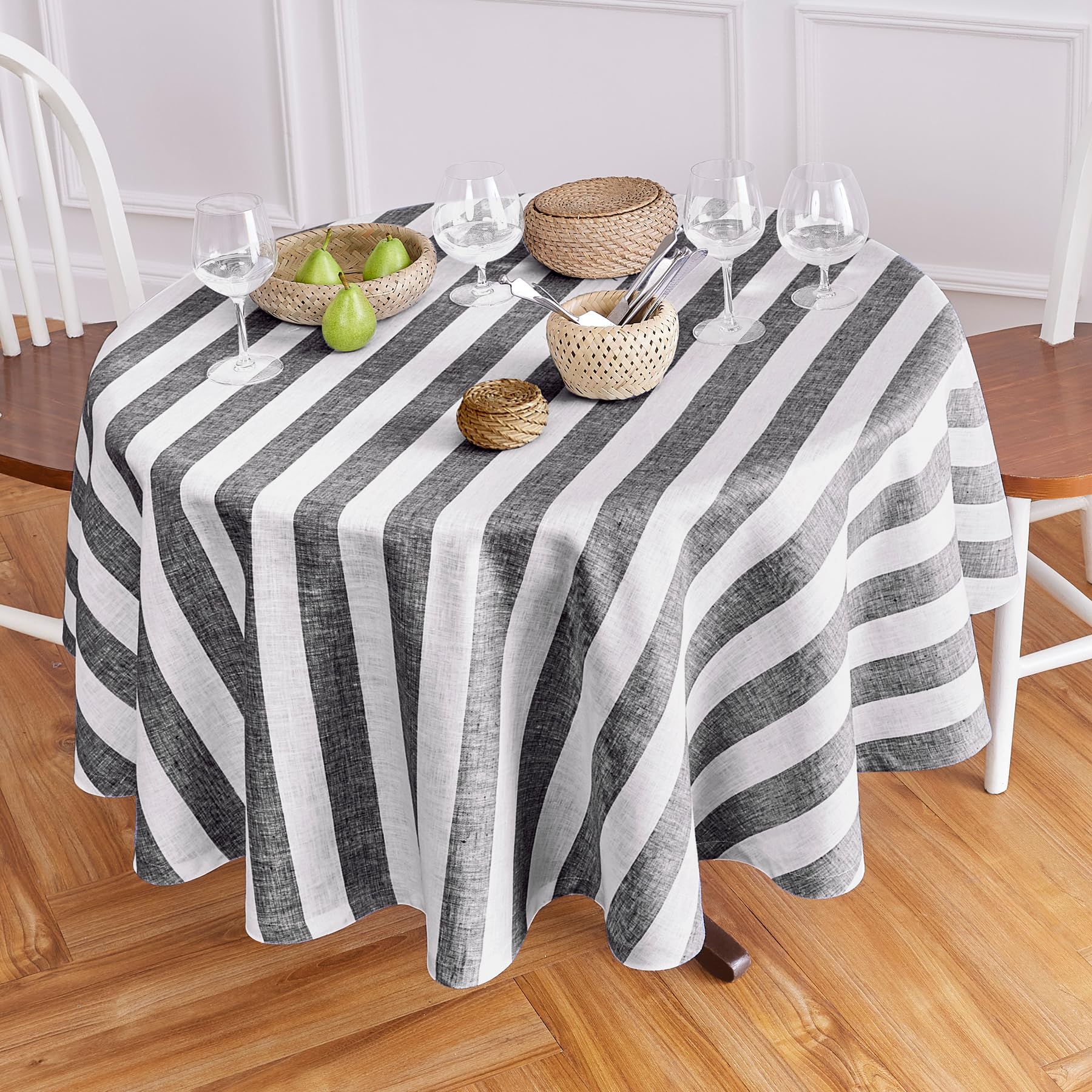 Solino Home Cabana Stripe Linen Round Tablecloth 70 Inch Diameter - 100% Pure Linen Black And White Tablecloth For Spring, Easte