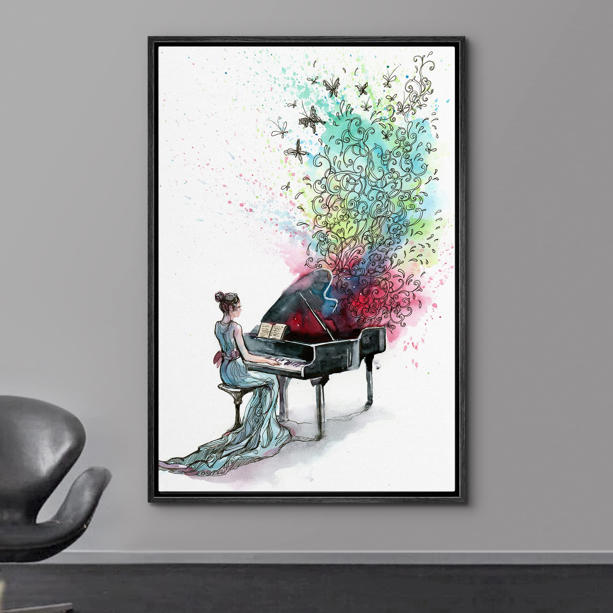Wall26 Framed Canvas Prints Wall Art - Grand Piano Music - 16''X24'' Black