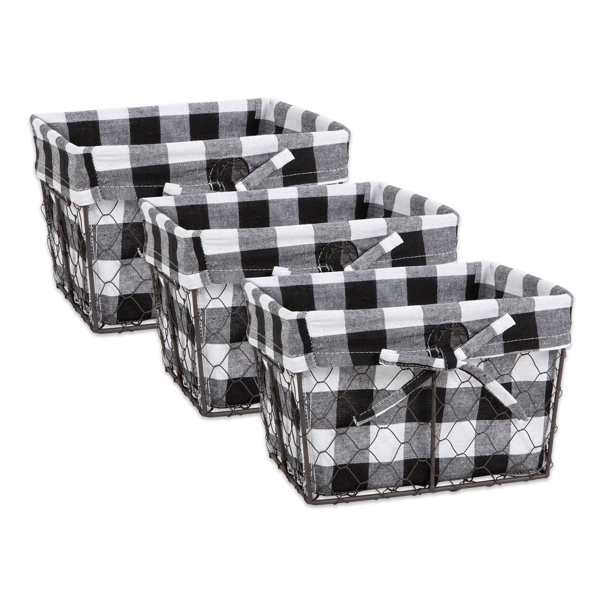 Dii Farmhouse Chicken Wire Storage Baskets With Liner, Small, Vintage Black & White Check, 9X7X6'', 3 Piece