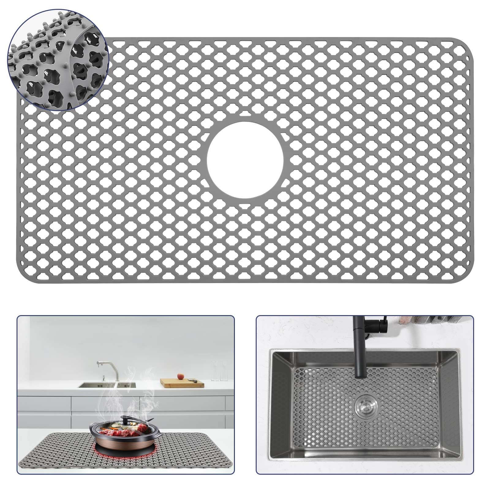 Snuggery Silicone Sink Protector 28.5x15.2 Center Drain Hole, Heat Resistant Non-slip Dishwasher Suitable, Large Mat for Bottom 