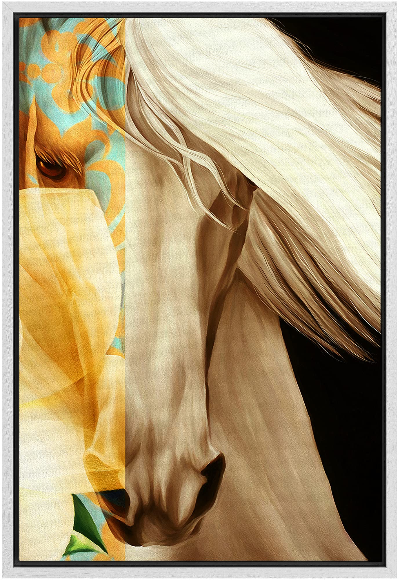 Signford Canvas Print Wall Art Brown Horse With Floral Tattoo Abstract Shapes Illustrations Modern Art Alternative Colorful Dark