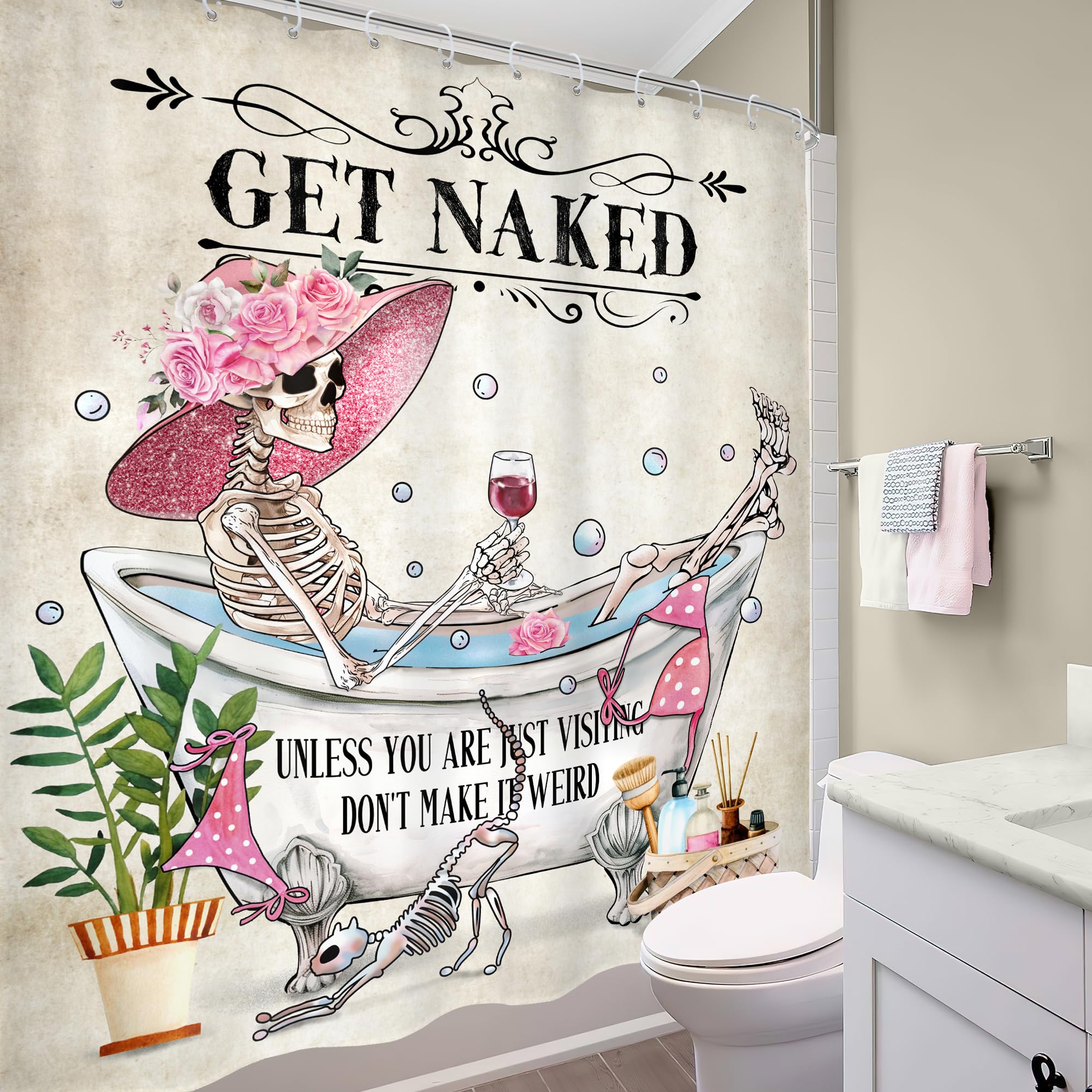 Mitpok Funny Skull Skeleton Shower Curtain 60Wx72H Halloween Gothic Spooky Fashion Girl Pink Bikini Floral Bone In Bathtub Bubbl