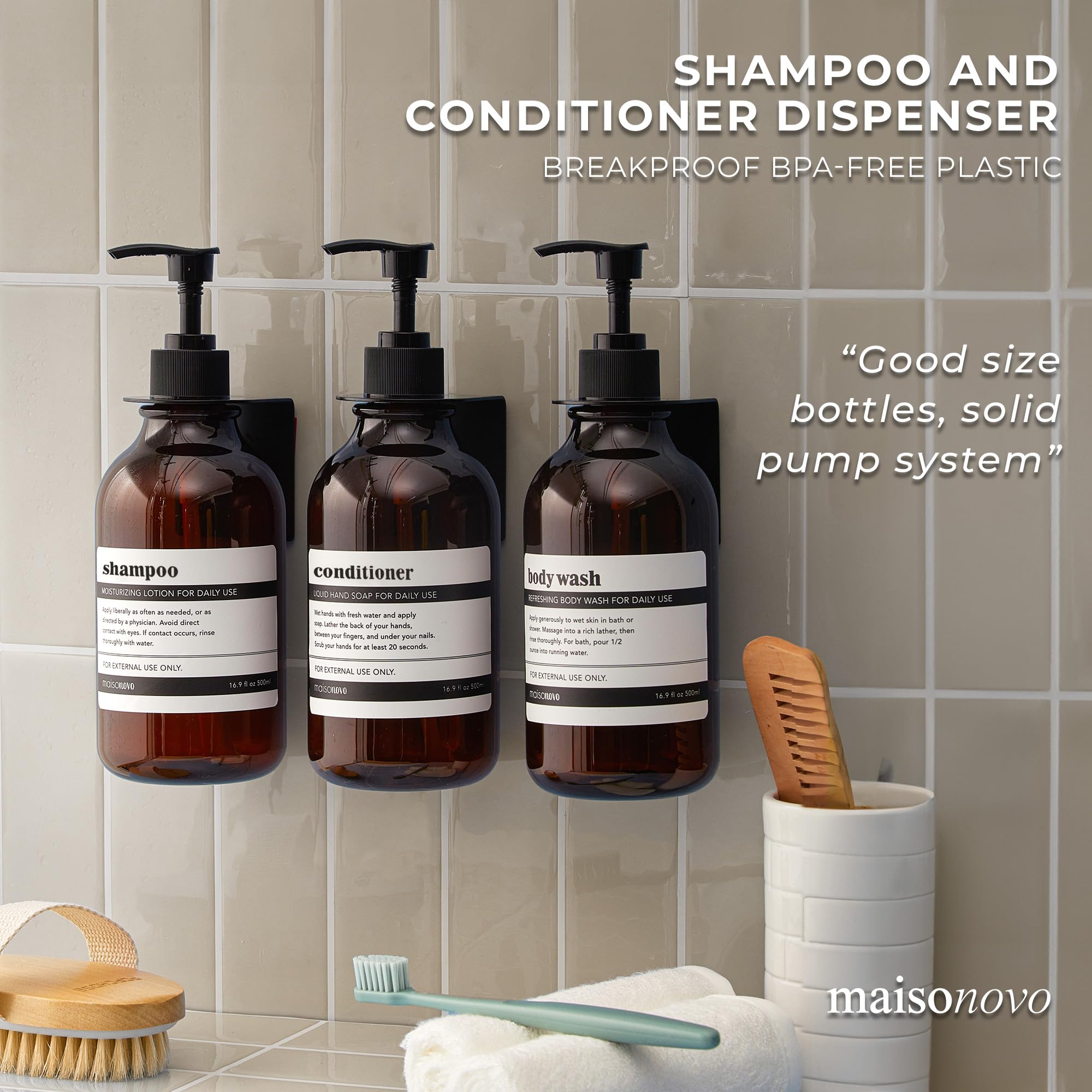 Maisonovo Shampoo And Conditioner Dispenser - Shower Soap Dispenser Wall Mounted - 16.9 Fl Oz Set Of 3 Amber Plastic Bottles Bla
