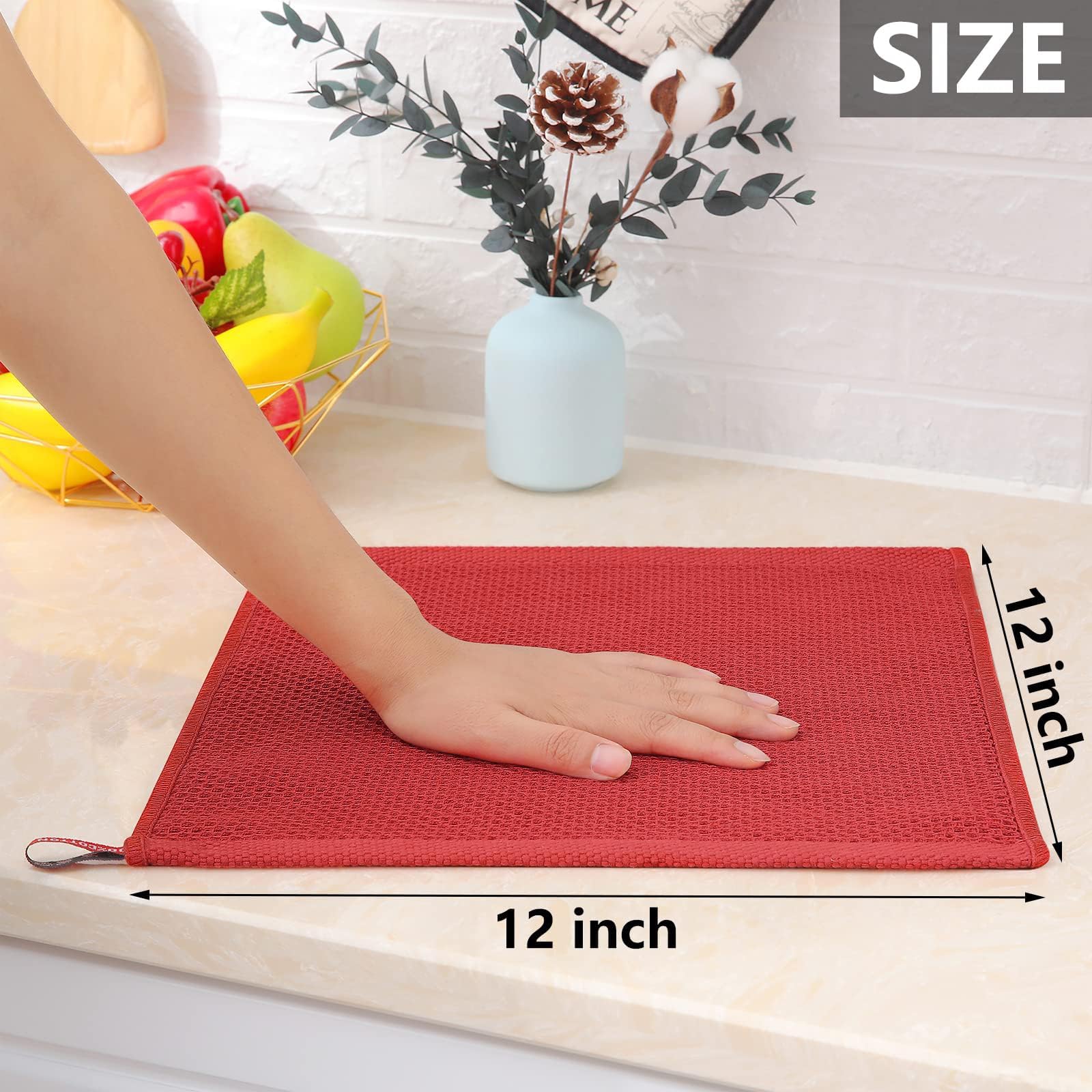 Homaxy 100% Cotton Waffle Weave Kitchen Dish Cloths, Ultra Soft Absorbent Quick Drying Dish Towels, 12X12 Inches, 6-Pack, Brick