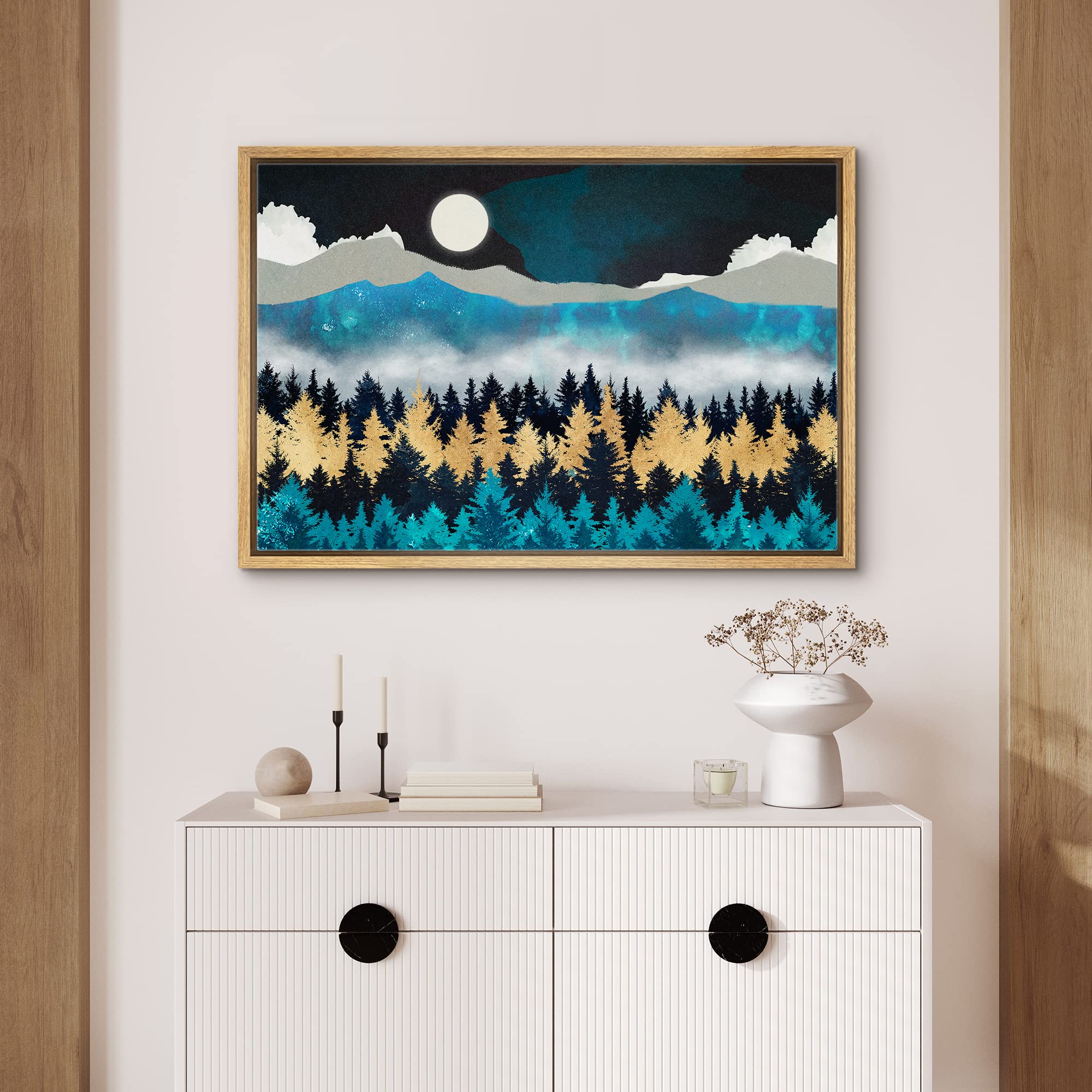 Signford Framed Canvas Print Wall Art Woodland Nursery Decor Teal Granite Mountain Range Forest Nature Wilderness Modern Art Rus