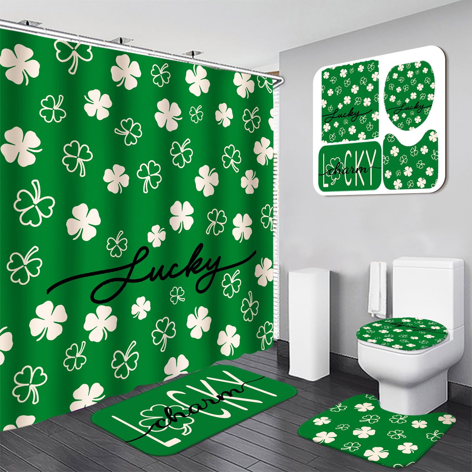 Drydiet 4 Pcs St. PatrickS Day Shower Curtain Set, Green Clover Shamrock Leaf Shower Curtain Lucky Clover Non Slip Rugs Toilet 