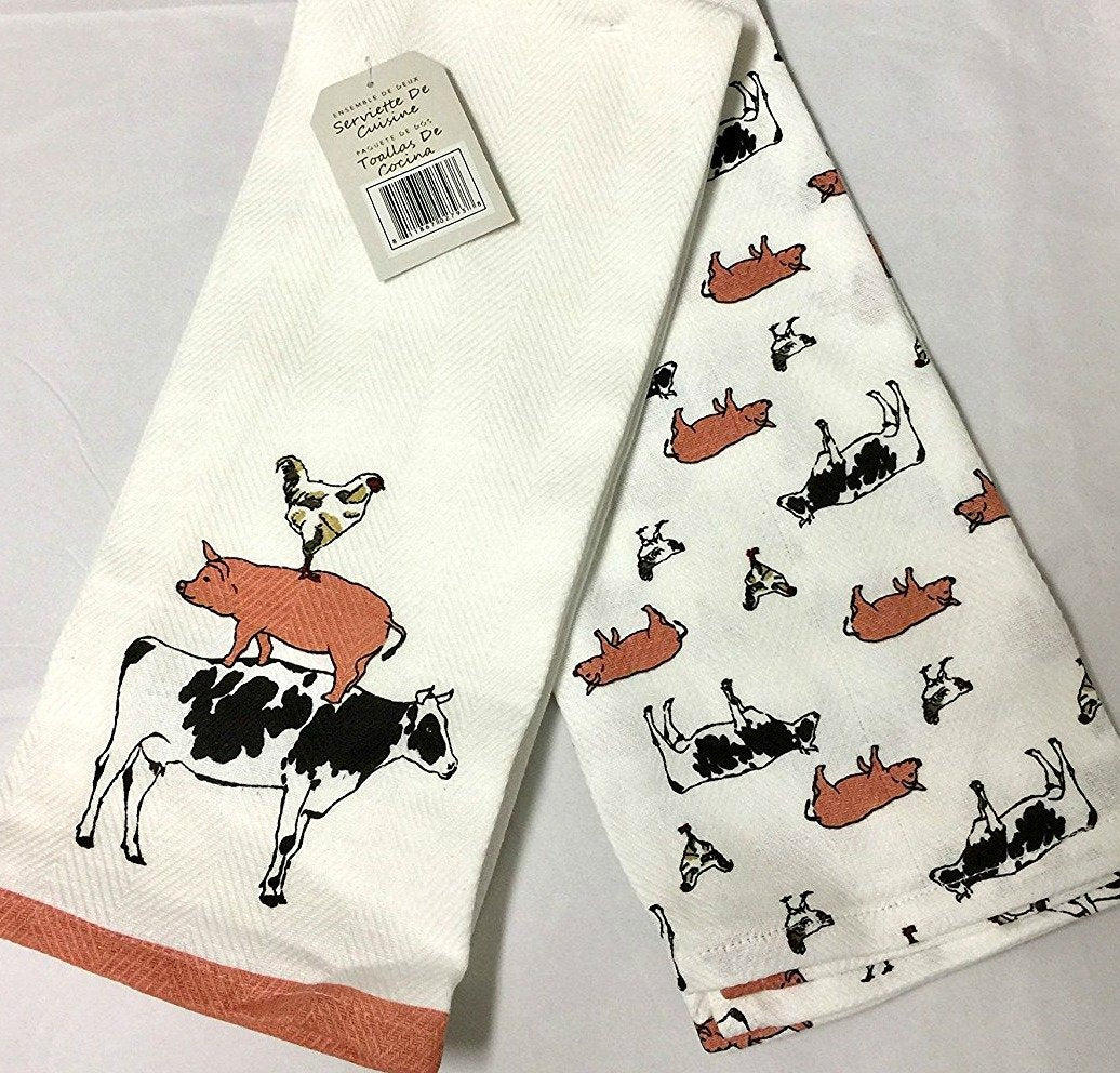 Serviette De Cuisine Chain Event ~ Cow/Pig/Chicken On White Country 2-Pc Kitchen Towels