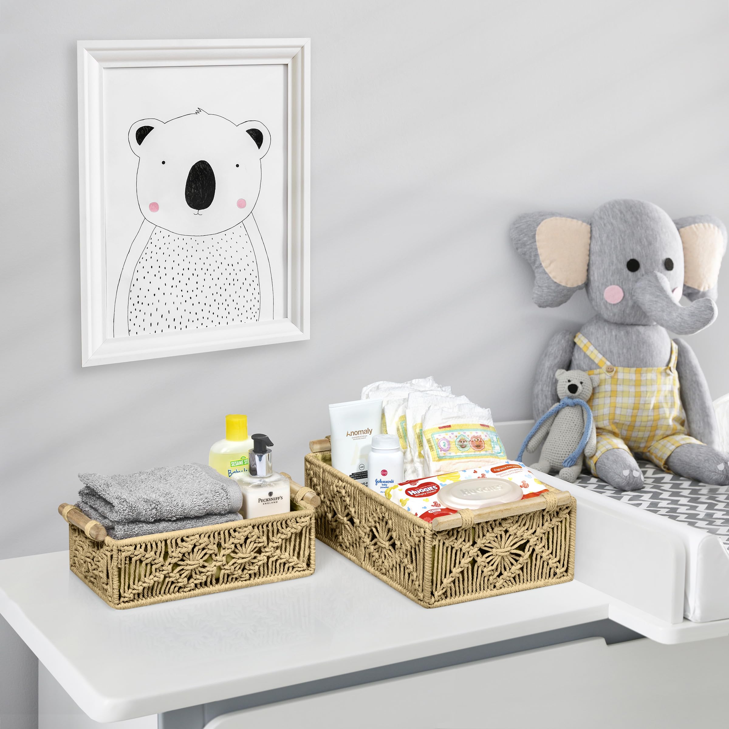 Sorbus Macrame Boho Decor Baskets - 2 Decorative Gift Baskets For Nursery, Baby Room, Toilet Tank Top - Lined Baby Basket Set Fo