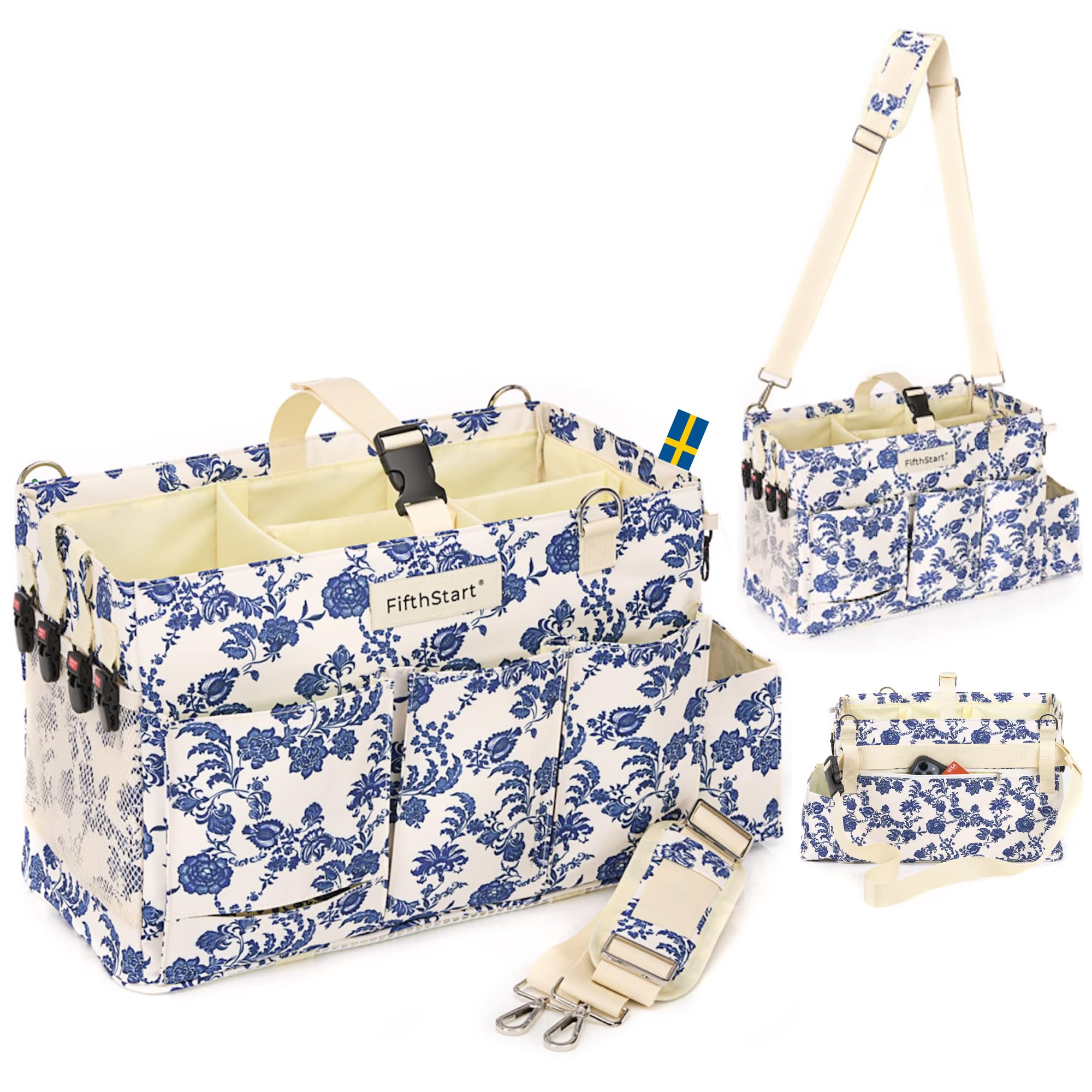 FifthStart Wearable Cleaning Caddy  A Cleaning Supplies Organizer With 4 Corner Shoulder Strap & Removable Waist Strap. Professional Cleaning Caddy Organizer With Handle: (Blue Floral  Large)