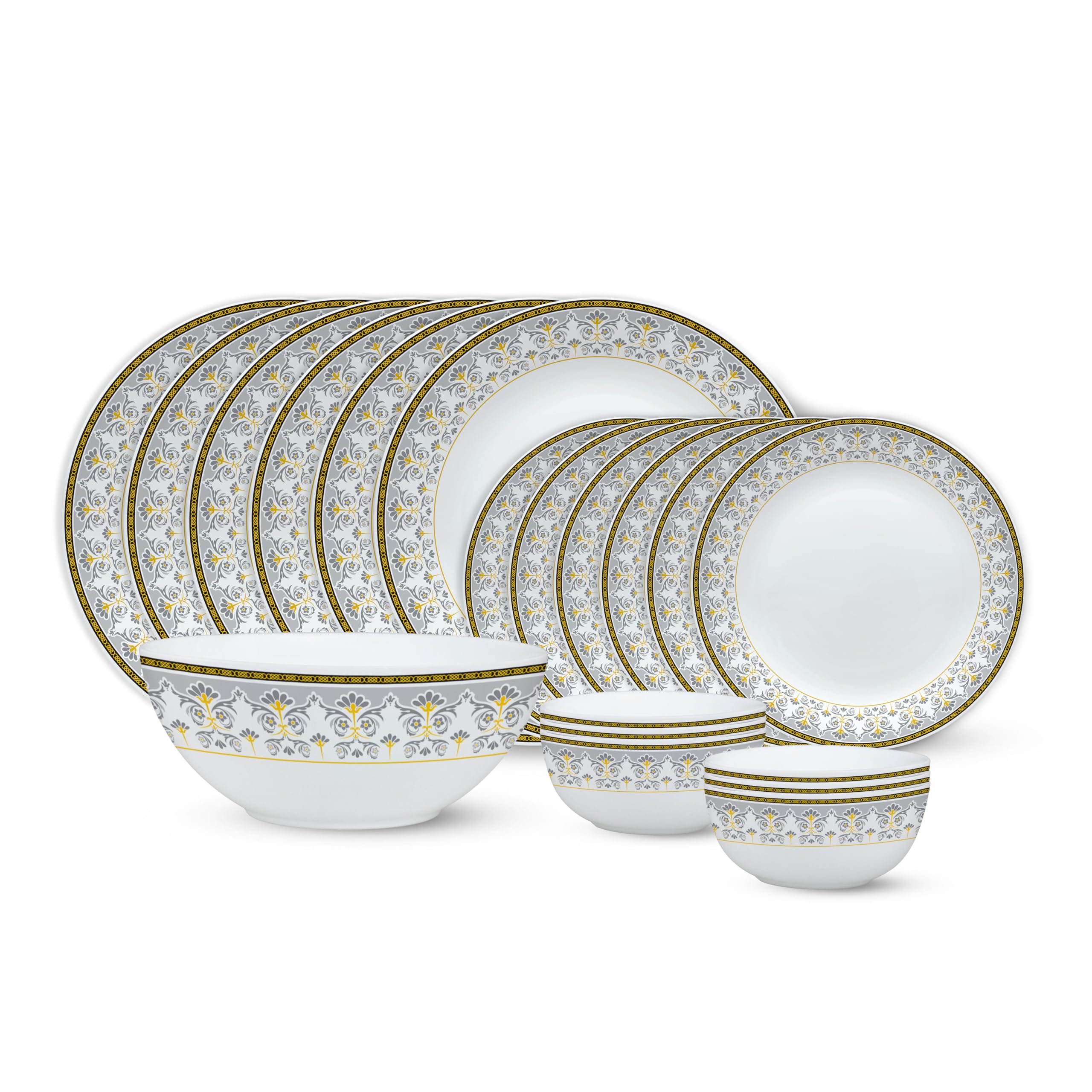 Larah By Borosil Vatika Kohinoor Series Opalware Dinner Set | 19 Pcs For Family Of 6 | Microwave & Dishwasher Safe | BoneAsh Fr