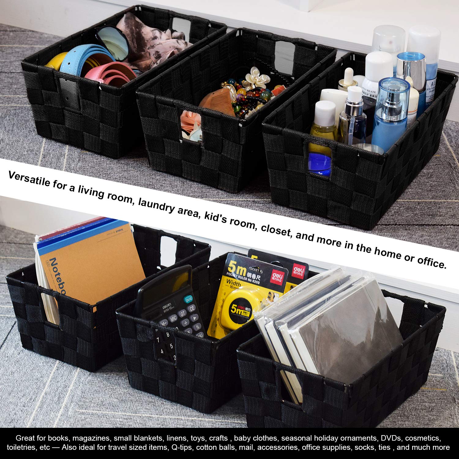 Homyfort Woven Black Storage Baskets Shelf Tote Boxes Container, Durable Storage Organizer Bins With Built-In Handles For Bedroo