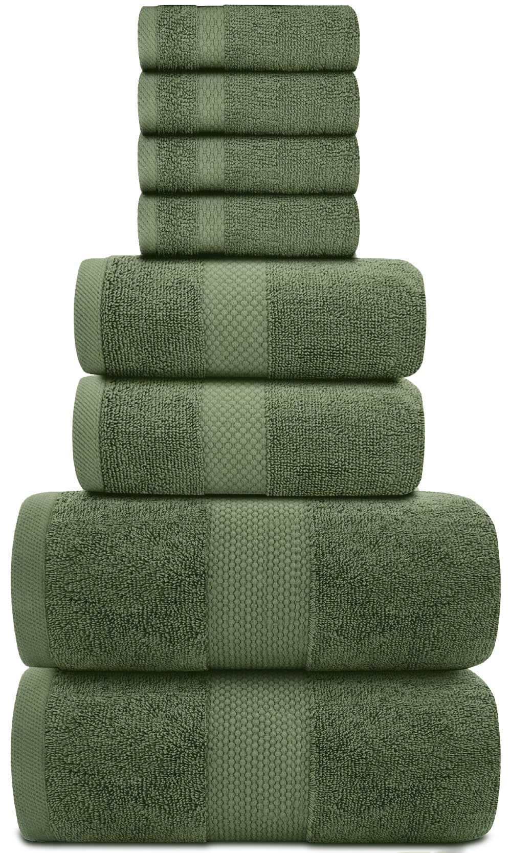 White Classic Luxury Forest Green Bath Towel Set - Combed Cotton Hotel Quality Absorbent 8 Piece Towels | 2 Bath Towels | 2 Hand
