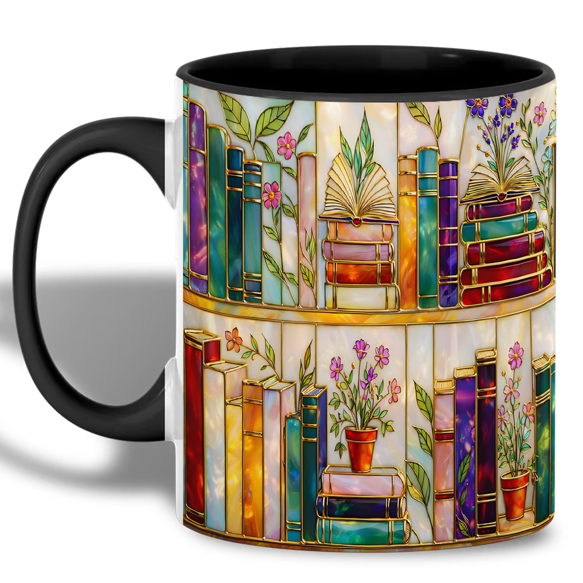 XERNIBROK Stained Glass Bookshelf Art Coffee Mug, Elegant Book Lover Illustration Cup, Artistic Reading Theme Ceramic Mug, Thoug