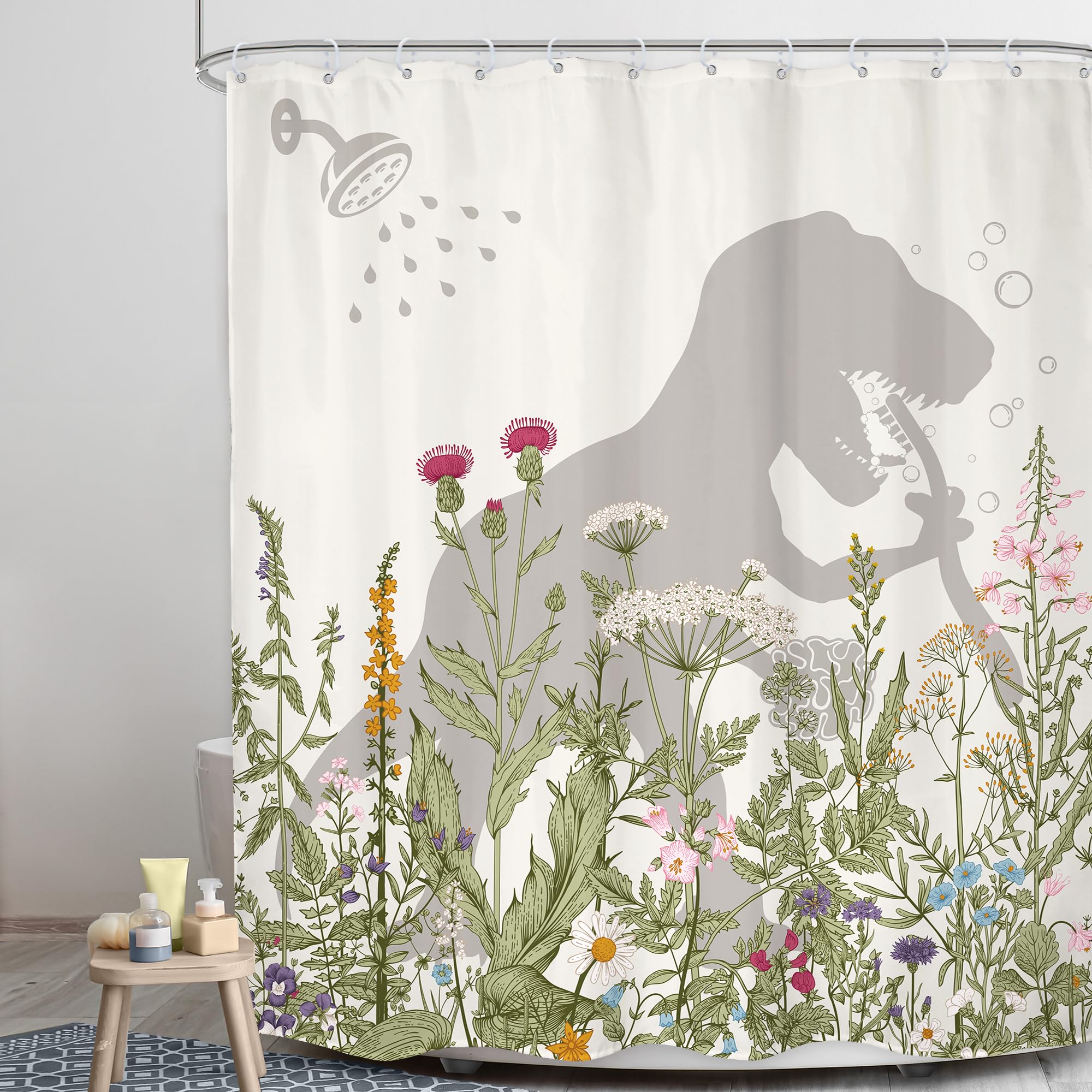 Lghtyro Wildflower Dinosaur Kids Shower Curtain Bathroom Set 71Wx71H Inches Funny Dino Silhouette Floral Rustic Plant Leaves Bot
