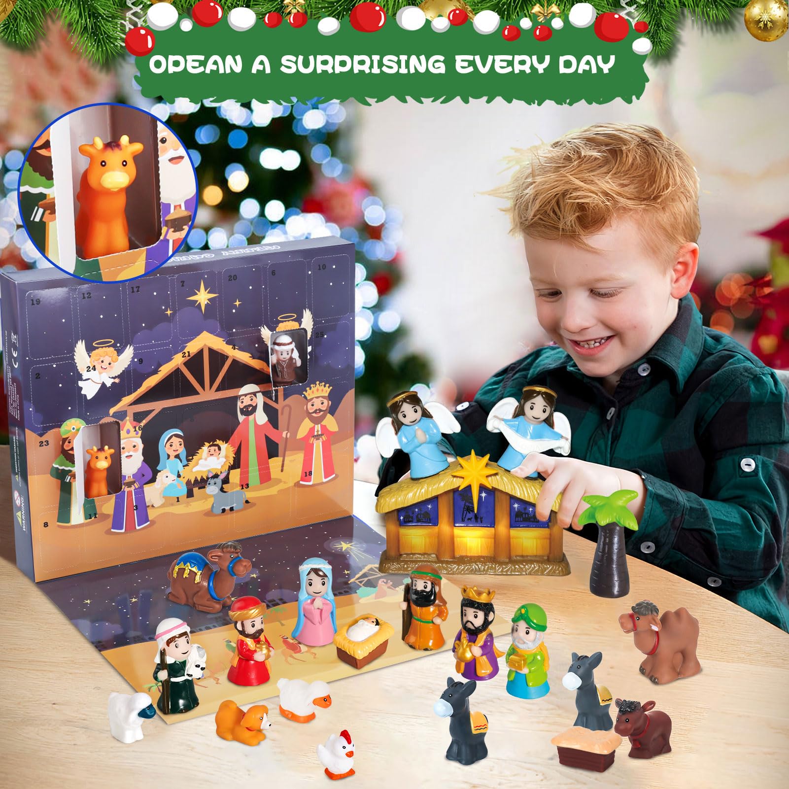 Nativity Advent Calendar 2025 Kids with Light, 25 Days Christmas Countdown Christian Advent Calendar Kids Nativity Play Set, Sma