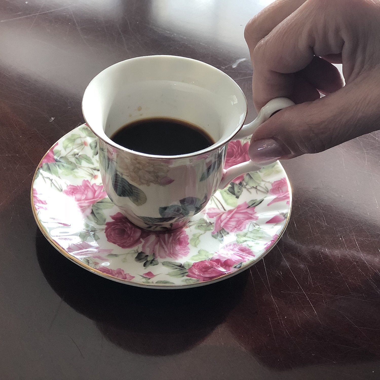 Gracie China Rose Chintz Porcelain 3-Ounce Small Petite Espresso/Demitasse Cup And Saucer With Gold Trim Set Of 4