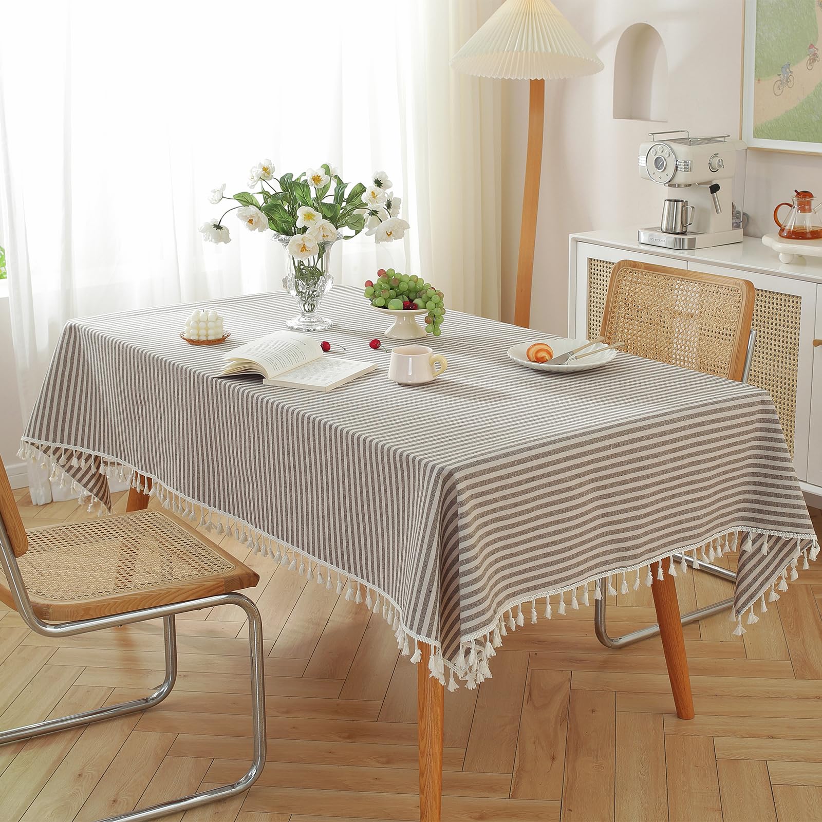 Meioro Table Cloth Coffee Brown Striped Tablecloth Tassels Cotton Linen Dust-Proof Table Cover For Dining Coffee Buffet Kitchen
