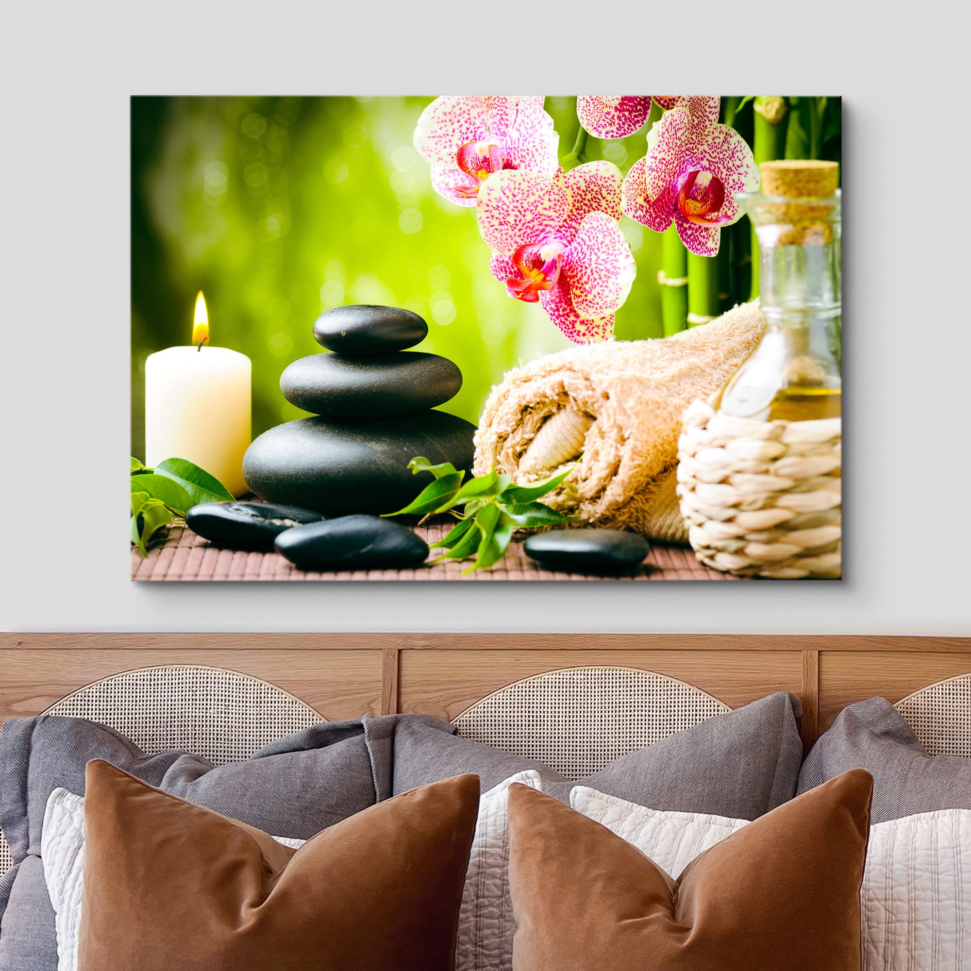 Wall26 Canvas Print Wall Art Massage Stones Zen Pink Orchid Flower Plants Candles Nature Wilderness Photography Realism Rustic L