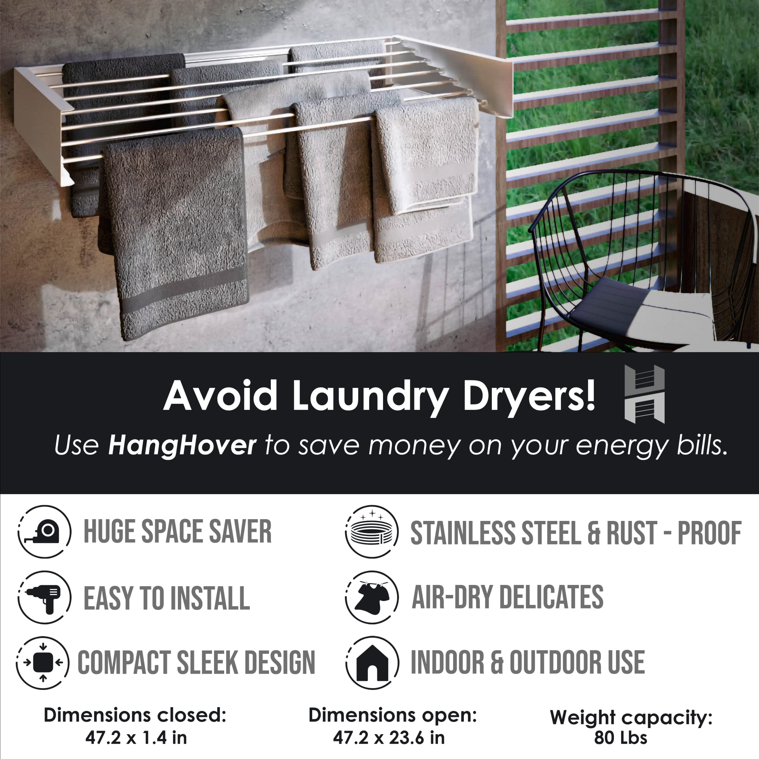 Tco Adventures Invisible 47'' Wall Mounted Drying Rack Elegant Matte Wall-Mounted Hanger | Folding Stainless Steel Collapsible S