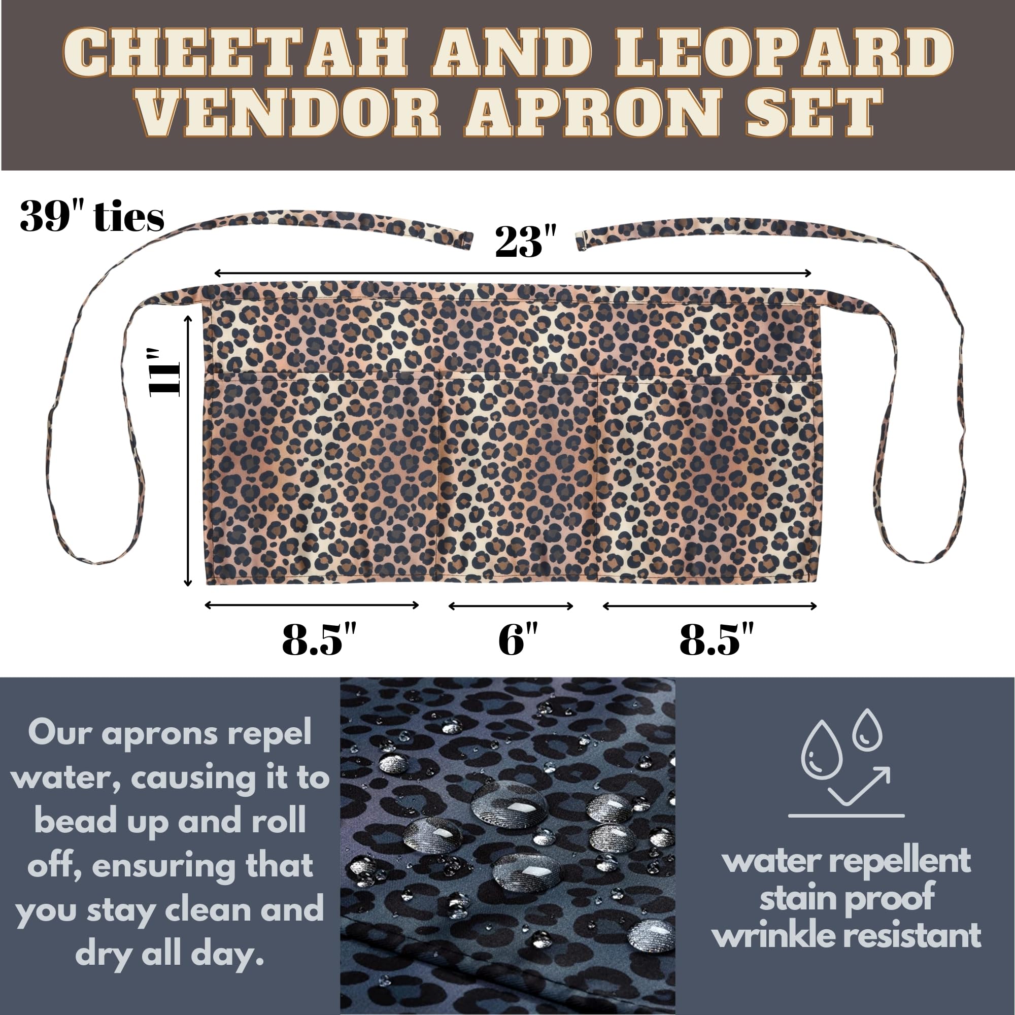 Cheetah Leopard Cute Waitress Apron With Pockets, Teacher Apron, Server Apron 2-Pack For Waitress, 3 Pockets Half Waist Aprons,