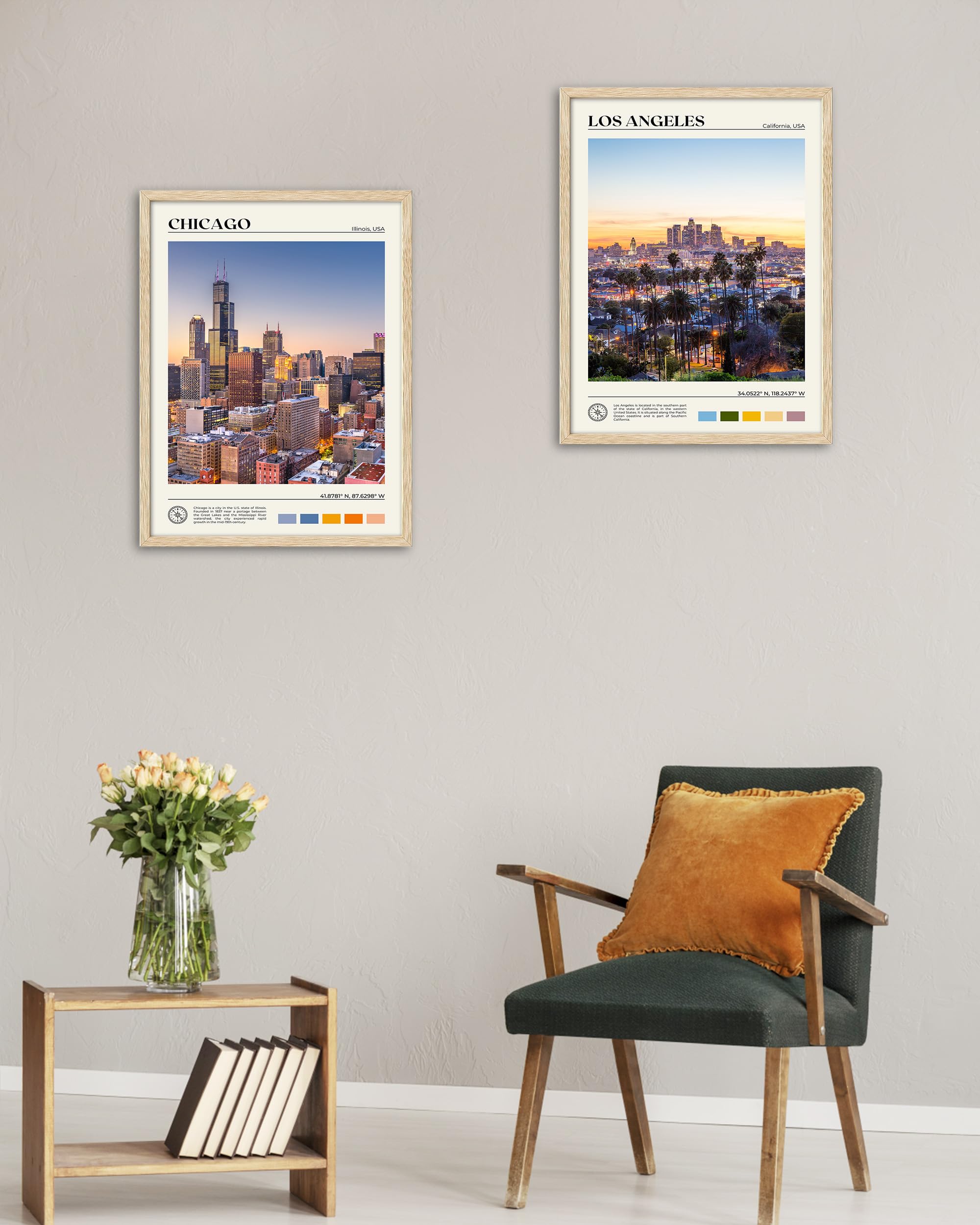 Hesendot Natural Oak Wood Los Angeles Cityscape Framed Wall Art,12X16In City Skyline Canvas Wall Print,Modern Urban Landmark Wal