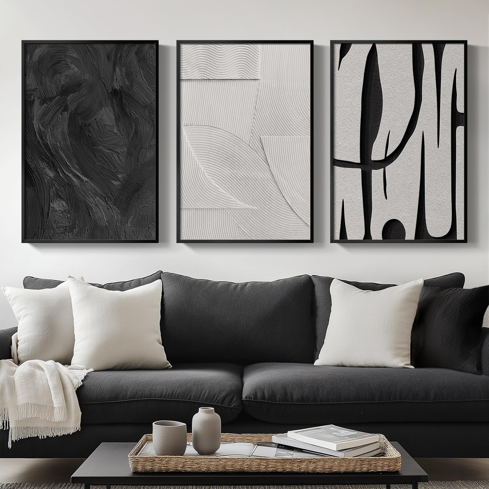 Framed Black And White Abstract Wall Art For Living Room, 3-Piece Modern Canvas Art Work Wall Decor, Minimalist Abstract Paintin