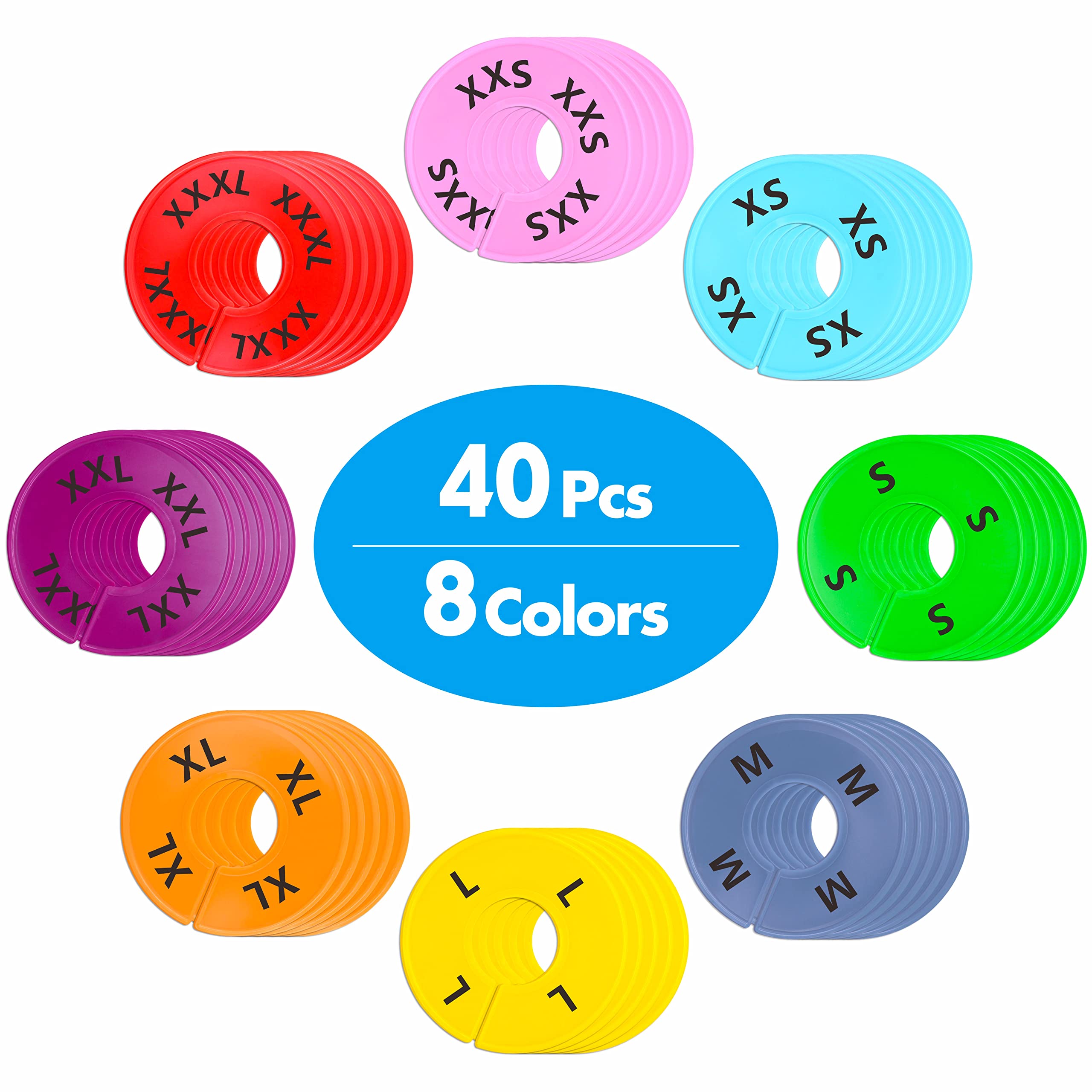 40 Pack Round Colorful Plastic Clothing Size Closet Rack Dividers Hangers  8 Assorted Colors  Preprinted in 8 Sizes XXS  XS  S  M  L  XL  XXL  XXXL (Outer 3.5?  Inner Diameter 1.38?)