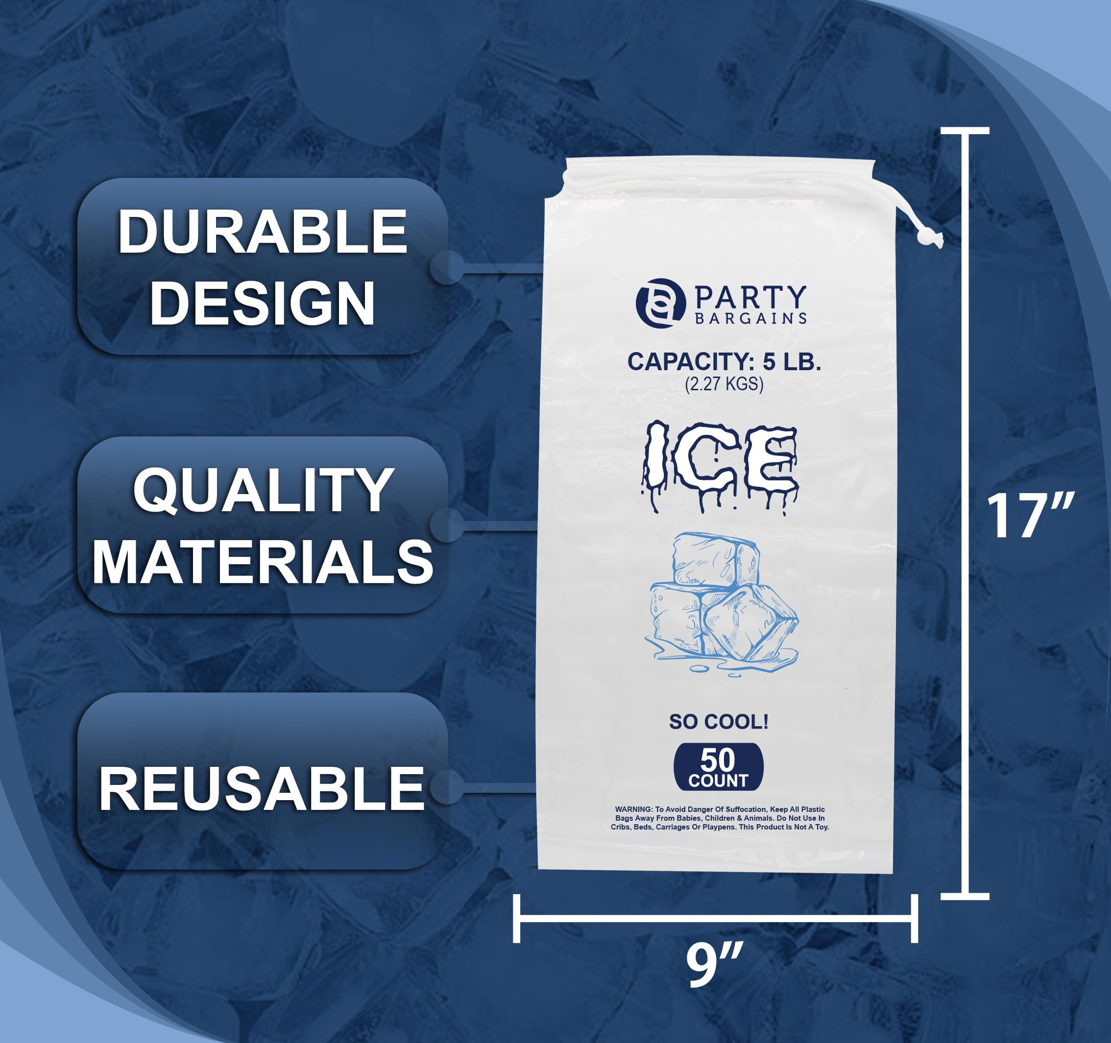 Party Bargains 5 Lb Plastic Drawstring Ice Bags 17''X9'' (50 Count)
