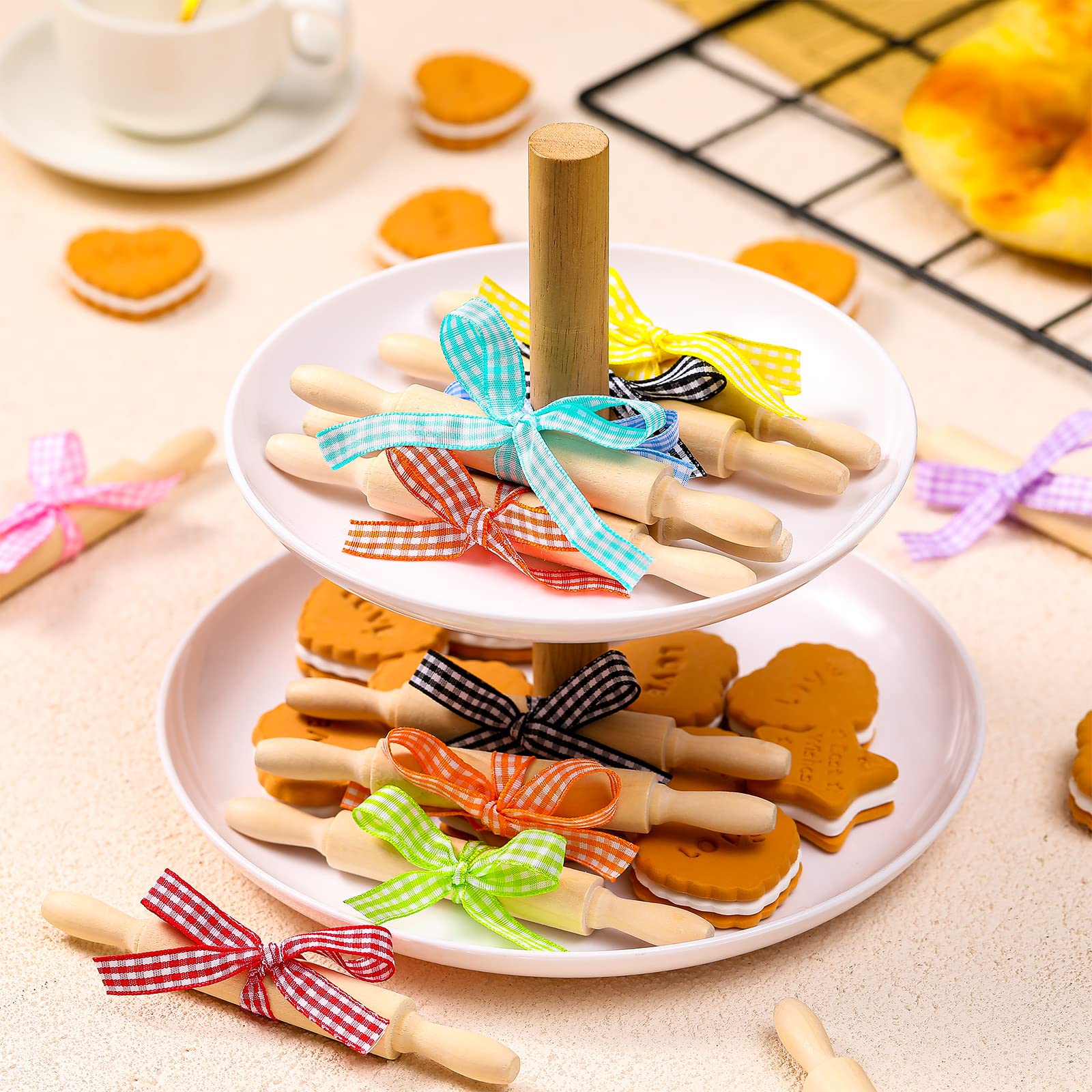 20 Pcs 5 Inch Wooden Mini Rolling Pin Small Rolling Pin Wooden Dough Roller With Plaid Ribbon For Kitchen Tools Fondant Pastry P