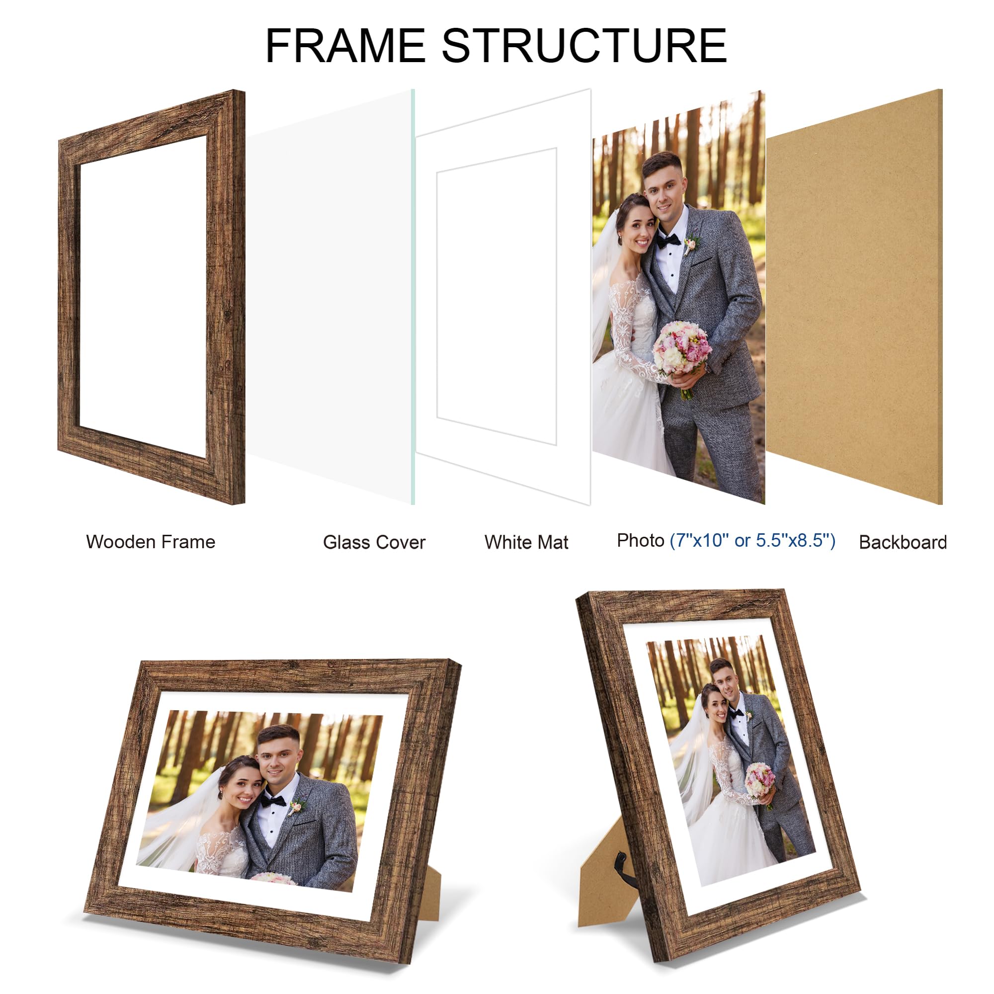 Hongkee 7x10 Picture Frame Set of 4, Made of Real Glass and Rustic Brown Frame - Display Picture 5.5x8.5 with Mat or 7x10 Withou