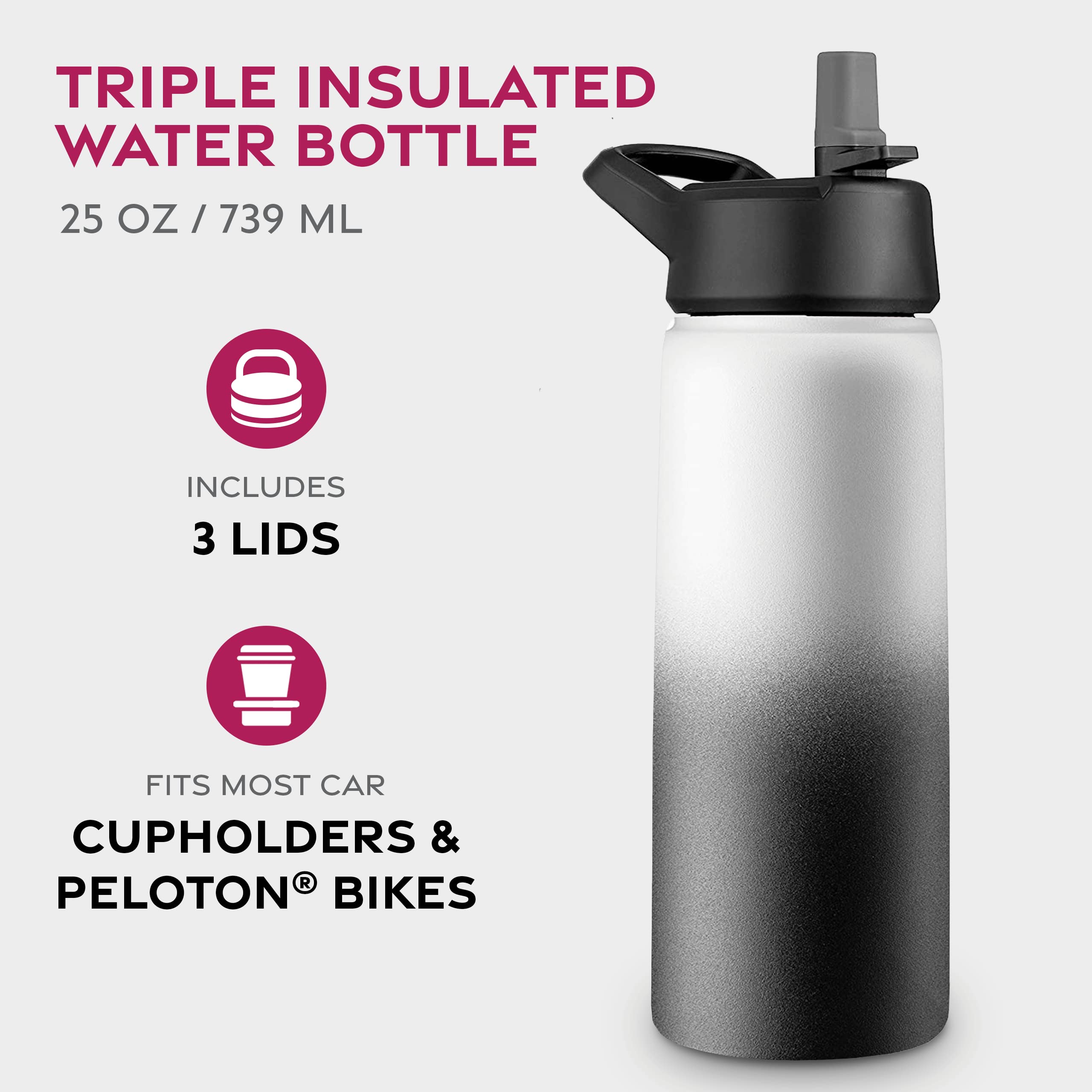 FineDine Water Bottle - Stainless Steel Insulated Water Bottle with Straw Lid, Flip Lid & Wide-Mouth Cap - Keeps Hot and Cold -