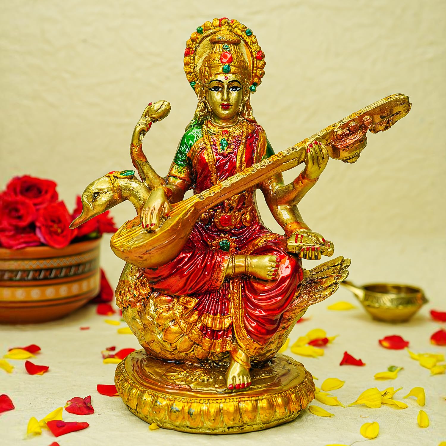 Ekhasa Hand Painted Maa Saraswati Idol (8 Inch) | Gold Marble Dust Saraswati Maa Murti For Study Table, Pooja, Home | Resin Sara