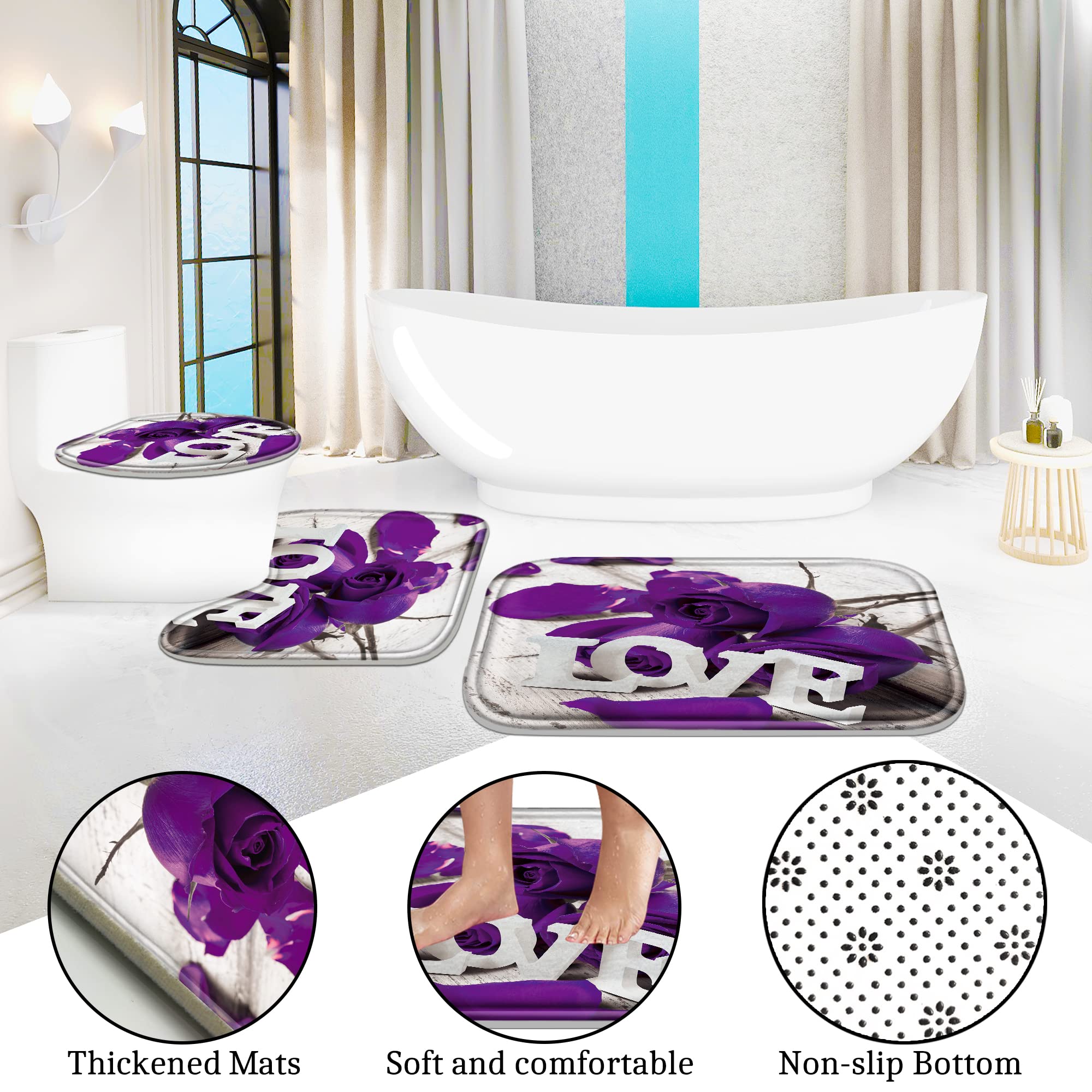 Poedist 4 Pcs Bathroom Shower Curtain Set, Purple Rose Shower Curtain Valentine'S Day Shower Curtain Sets With Rugs(Bath Mat,U S