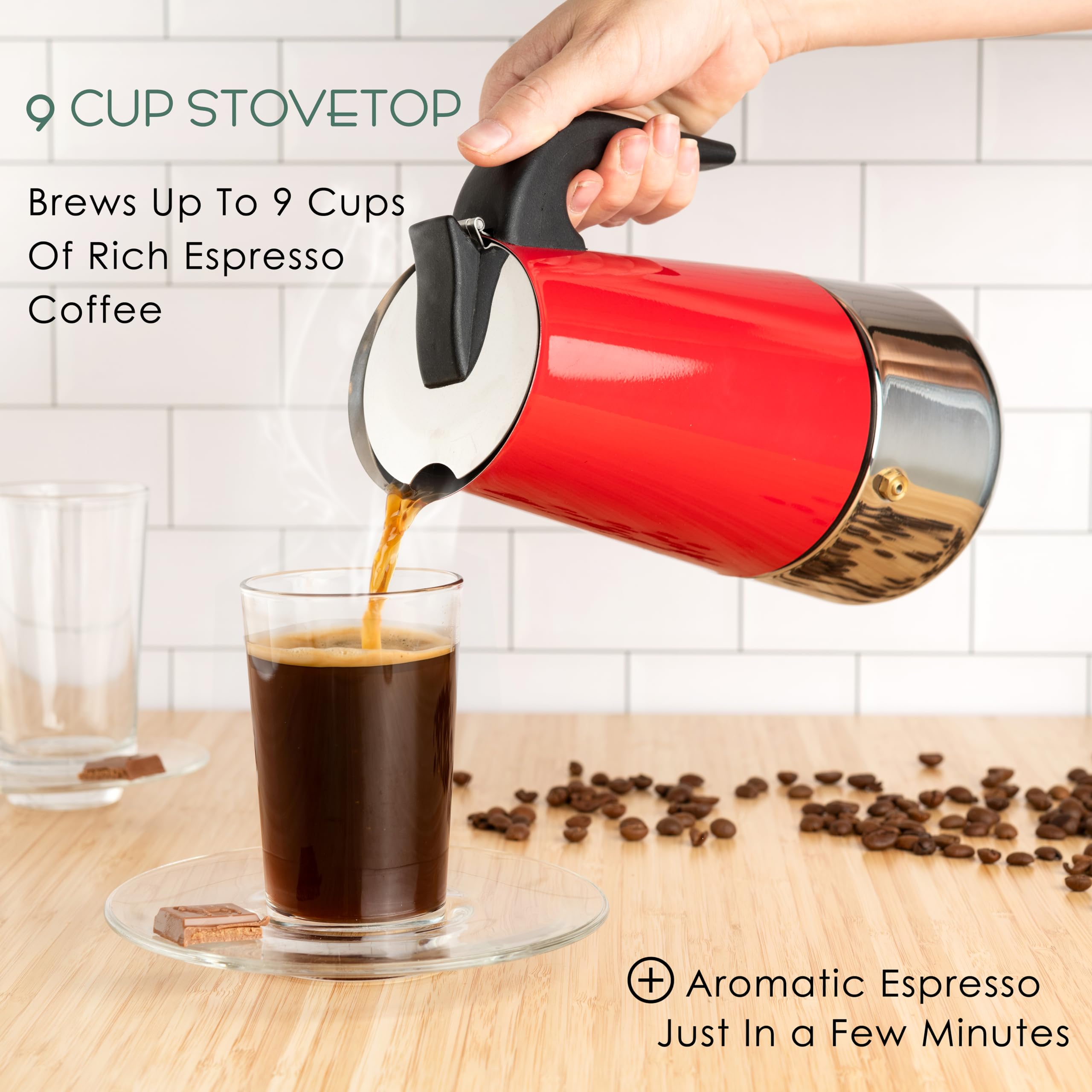 Mixpresso 9 Cup Greca Stovetop Espresso Maker 450Ml/15Oz, Moka Pot With Coffee Percolator Design, Red Stainless Steel Stove Top
