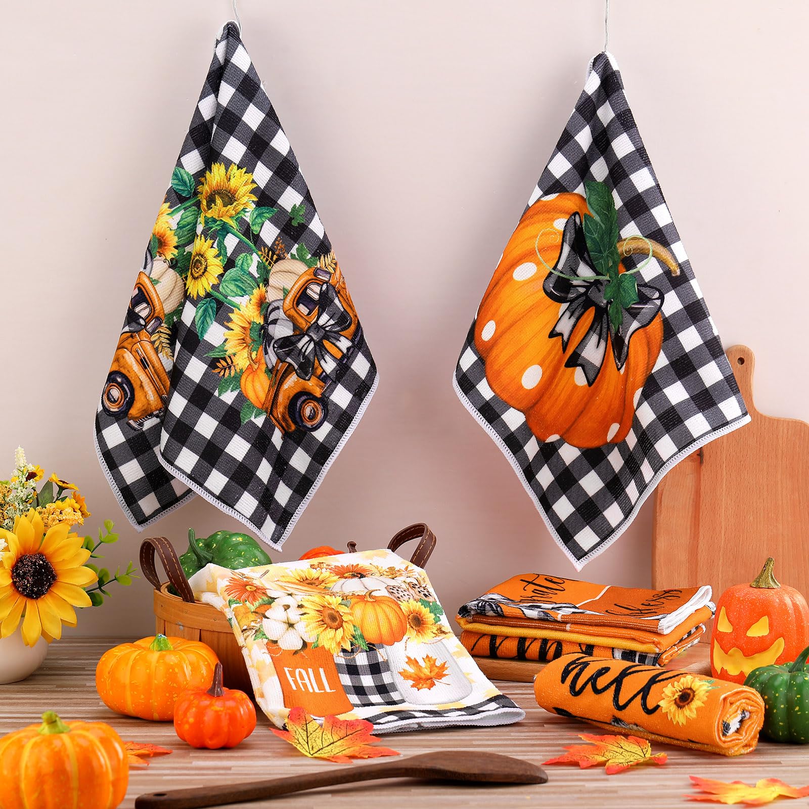 Windkream 6 Pieces Thanksgiving Kitchen Towels Pumpkin Dish Towels Buffalo Plaid Bathroom Hand Towels 21.26 x 14.17 Inches Autum